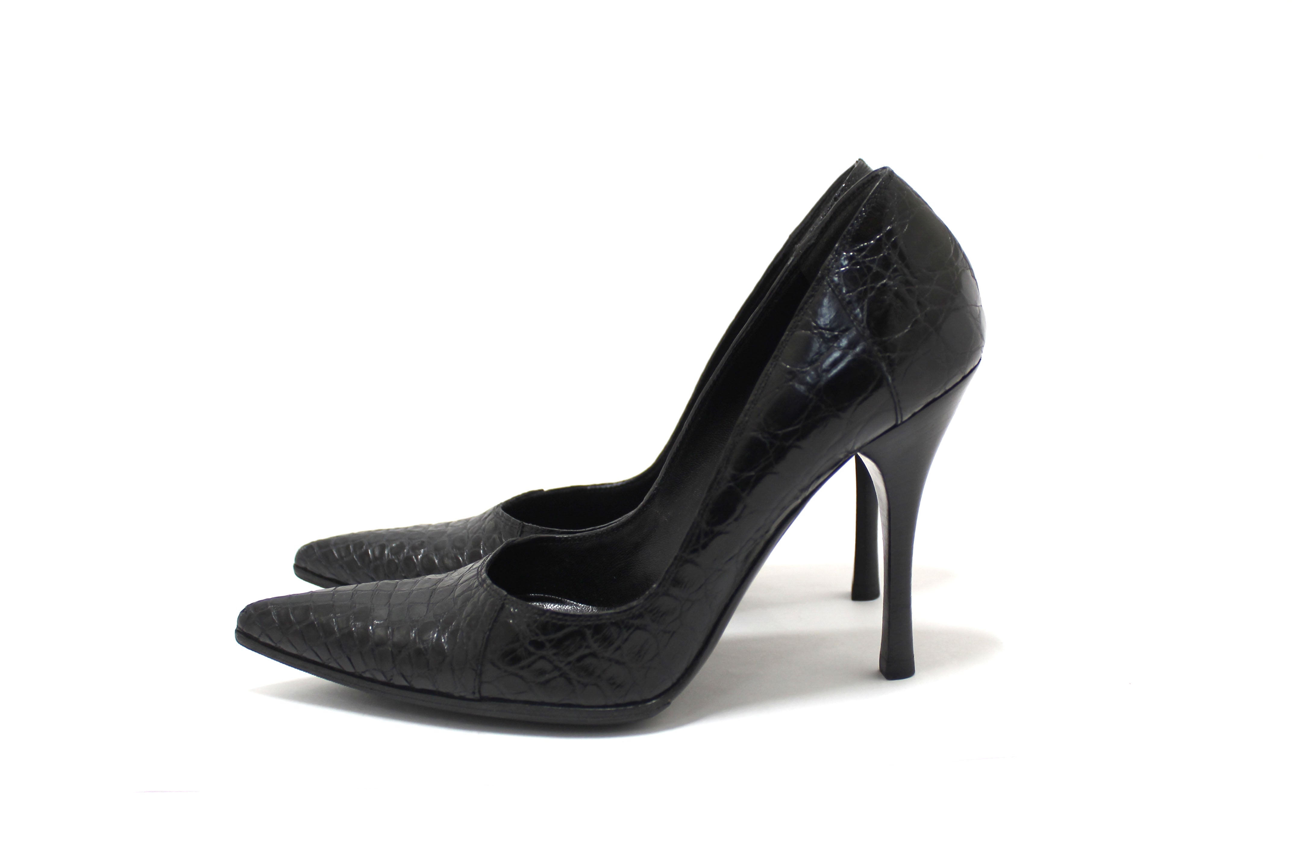 Authentic Gucci Black Crocodile Closed Toe Pumps Shoes Size 5.5B