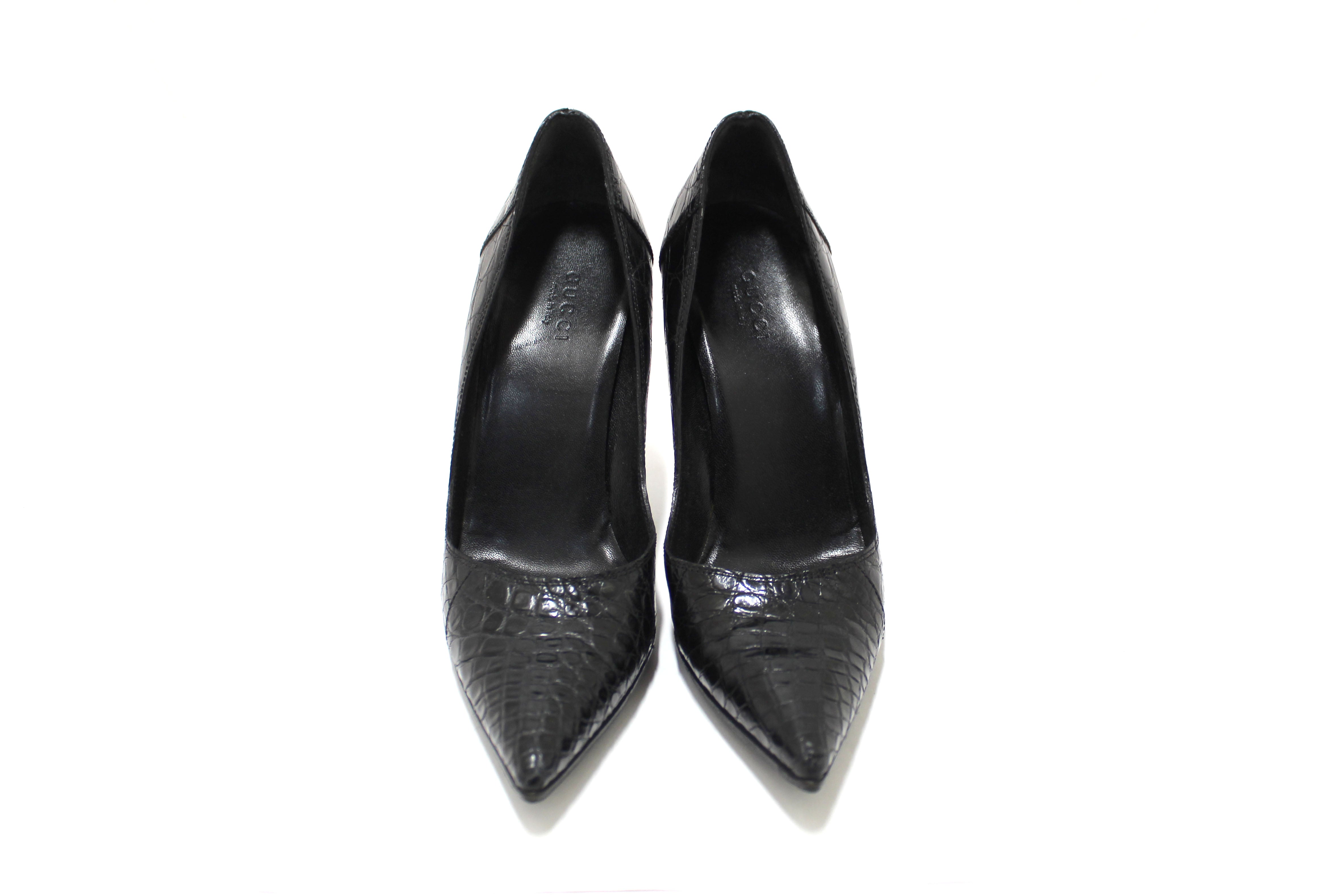 Authentic Gucci Black Crocodile Closed Toe Pumps Shoes Size 5.5B
