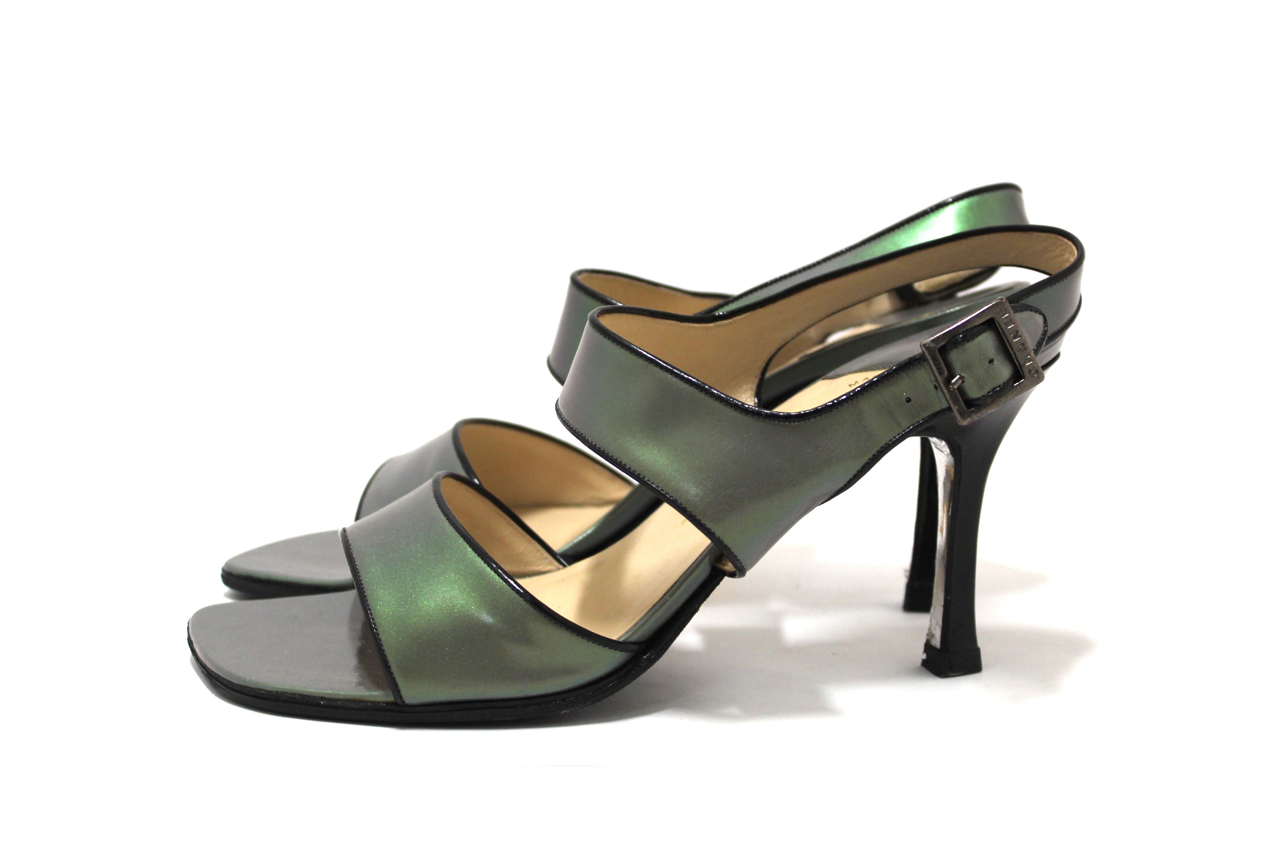 Authentic Chanel Grey Leather Strappy Sandal Shoes Size 37