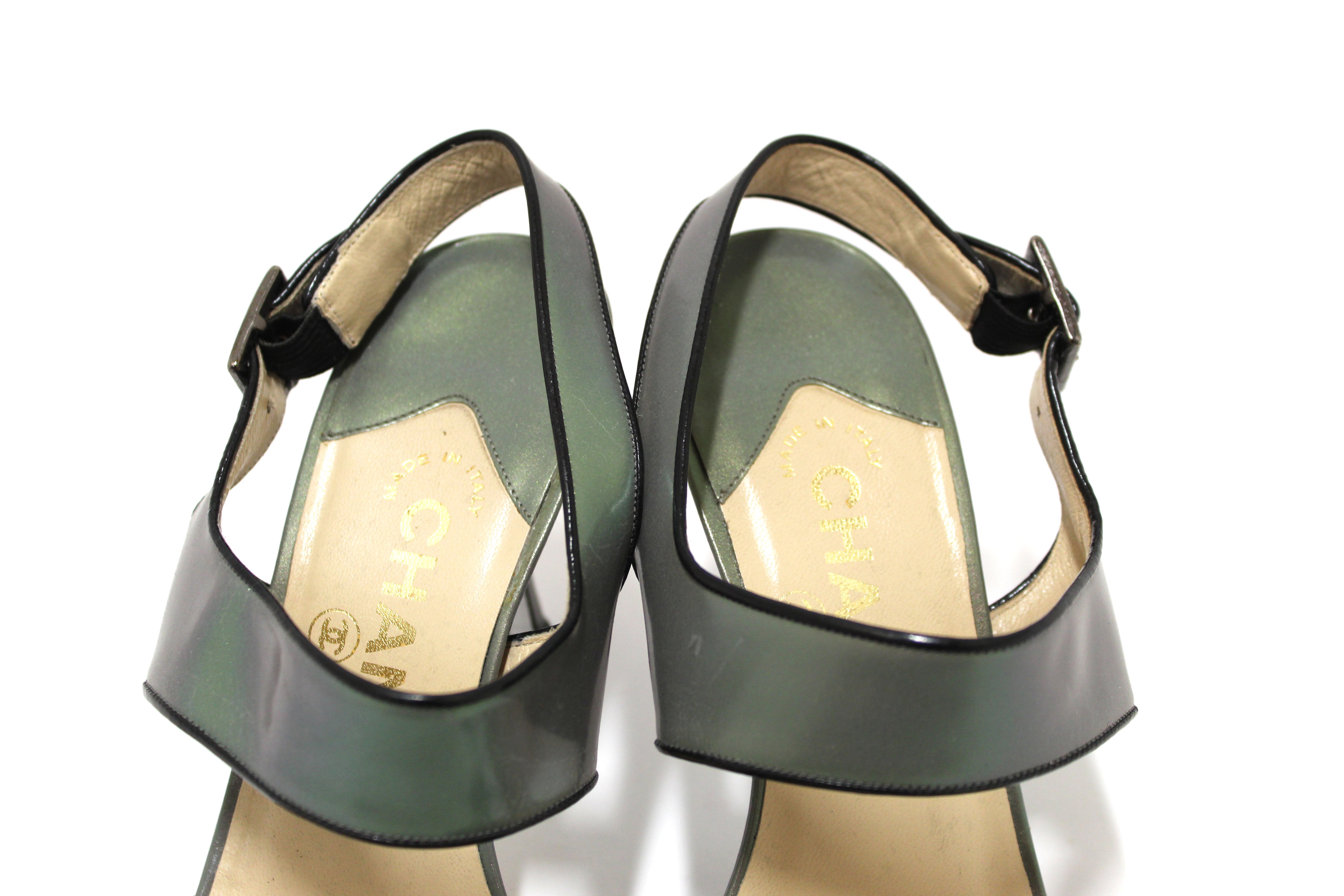 Authentic Chanel Grey Leather Strappy Sandal Shoes Size 37