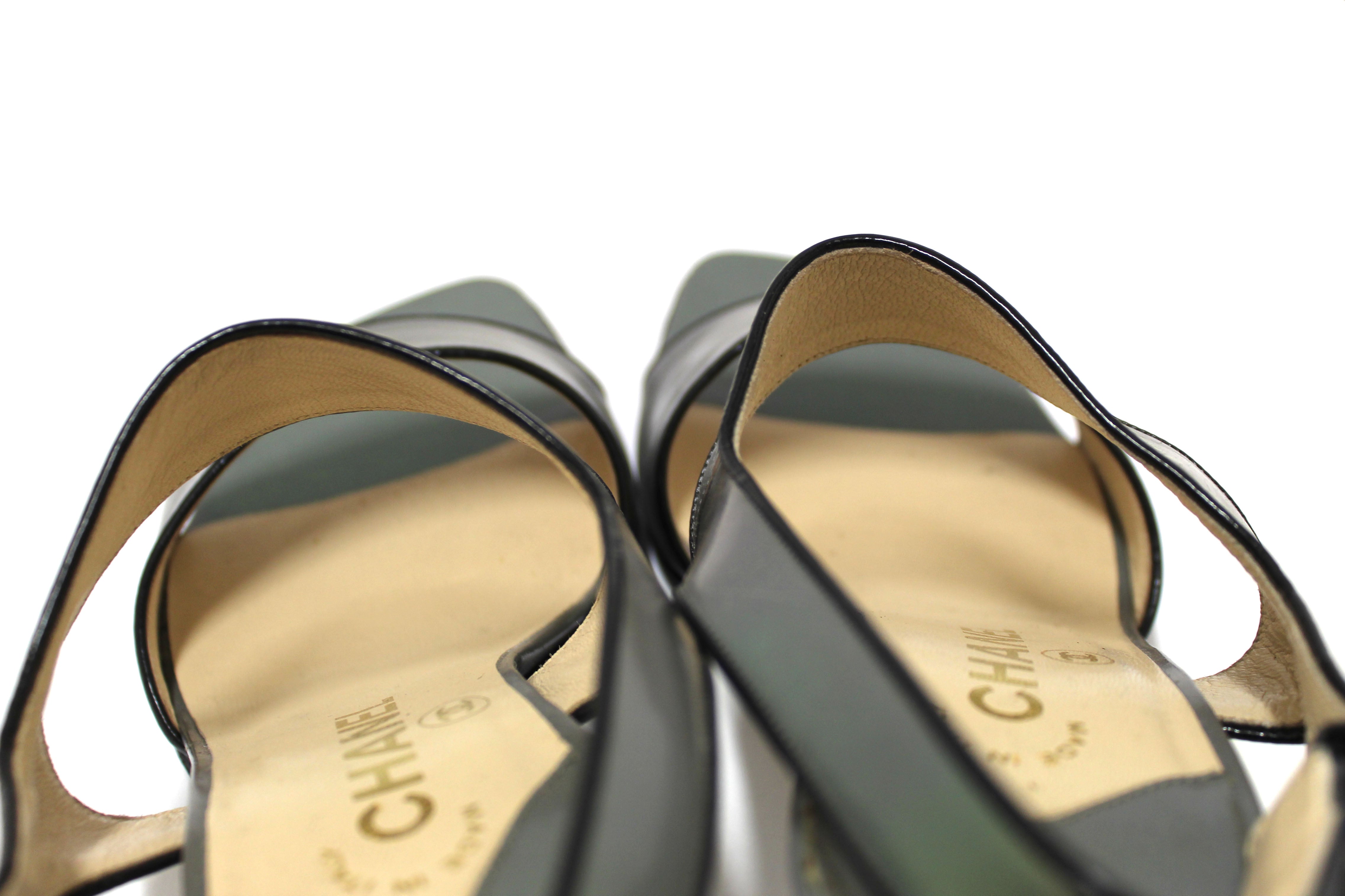 Authentic Chanel Grey Leather Strappy Sandal Shoes Size 37