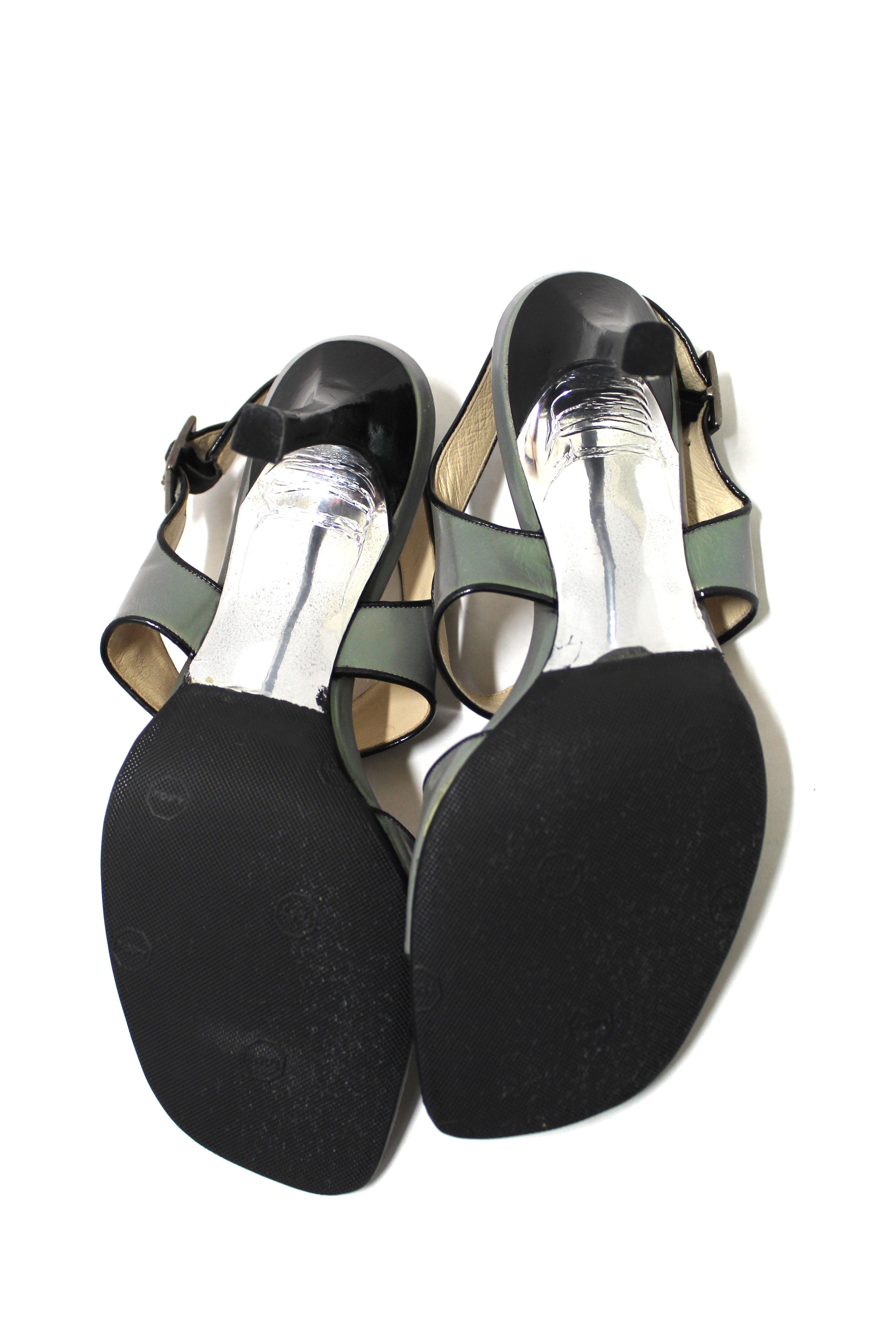 Authentic Chanel Grey Leather Strappy Sandal Shoes Size 37