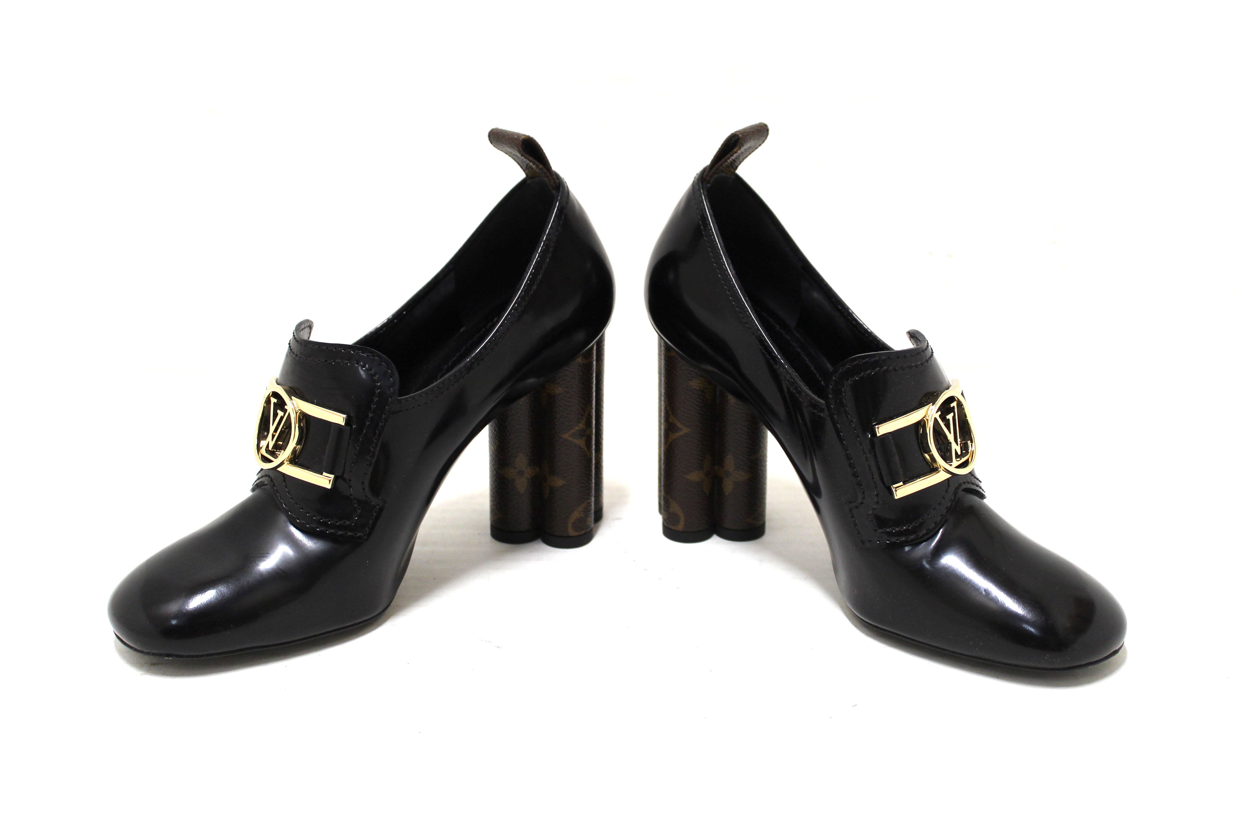 Authentic Louis Vuitton Black Swift Loafer Monogram Flower Block Heel Pumps Shoes 10cm Size37