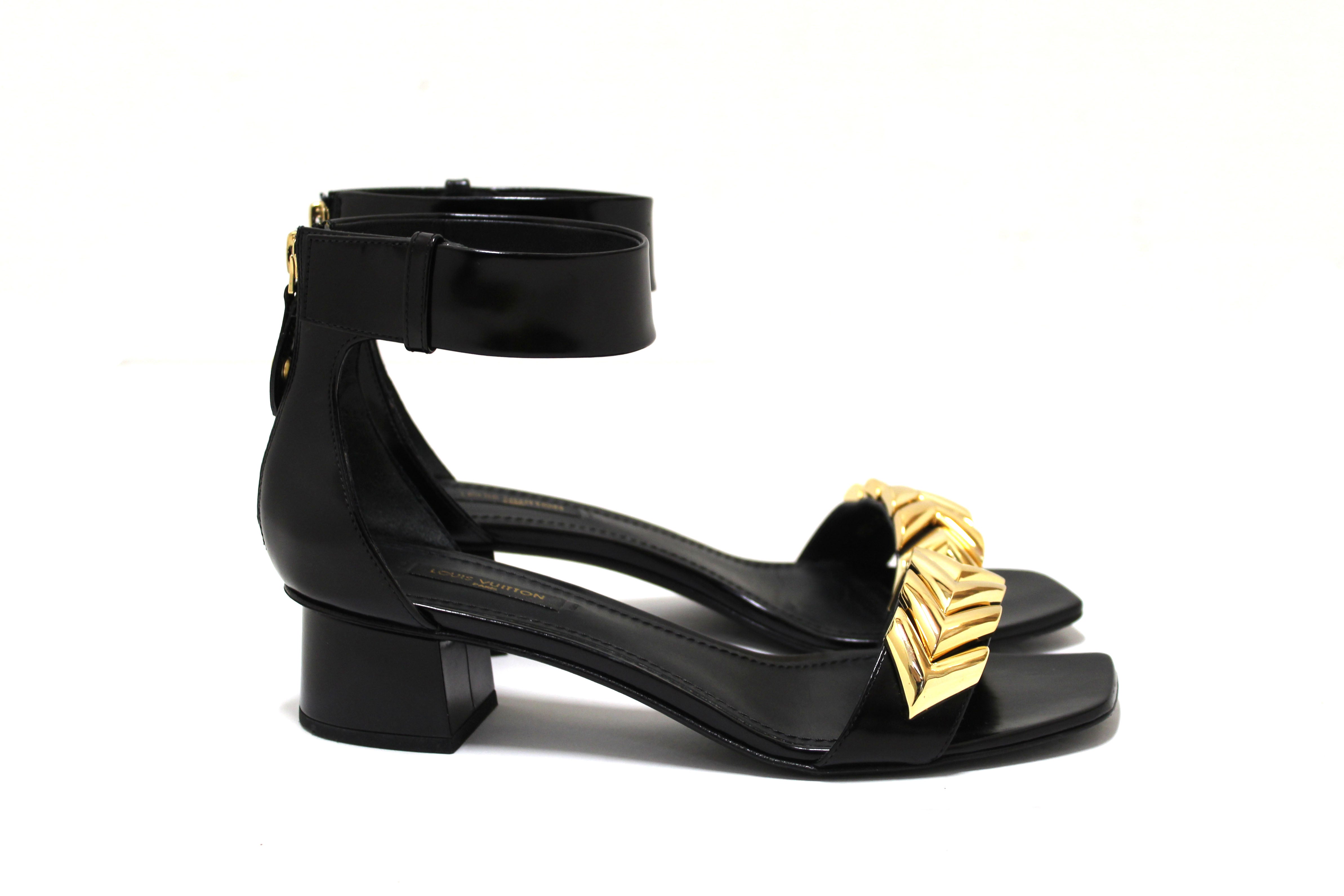 Authentic Louis Vuitton Black Calfskin Westbound Block Heel Sandal Shoes 4cm Size 37