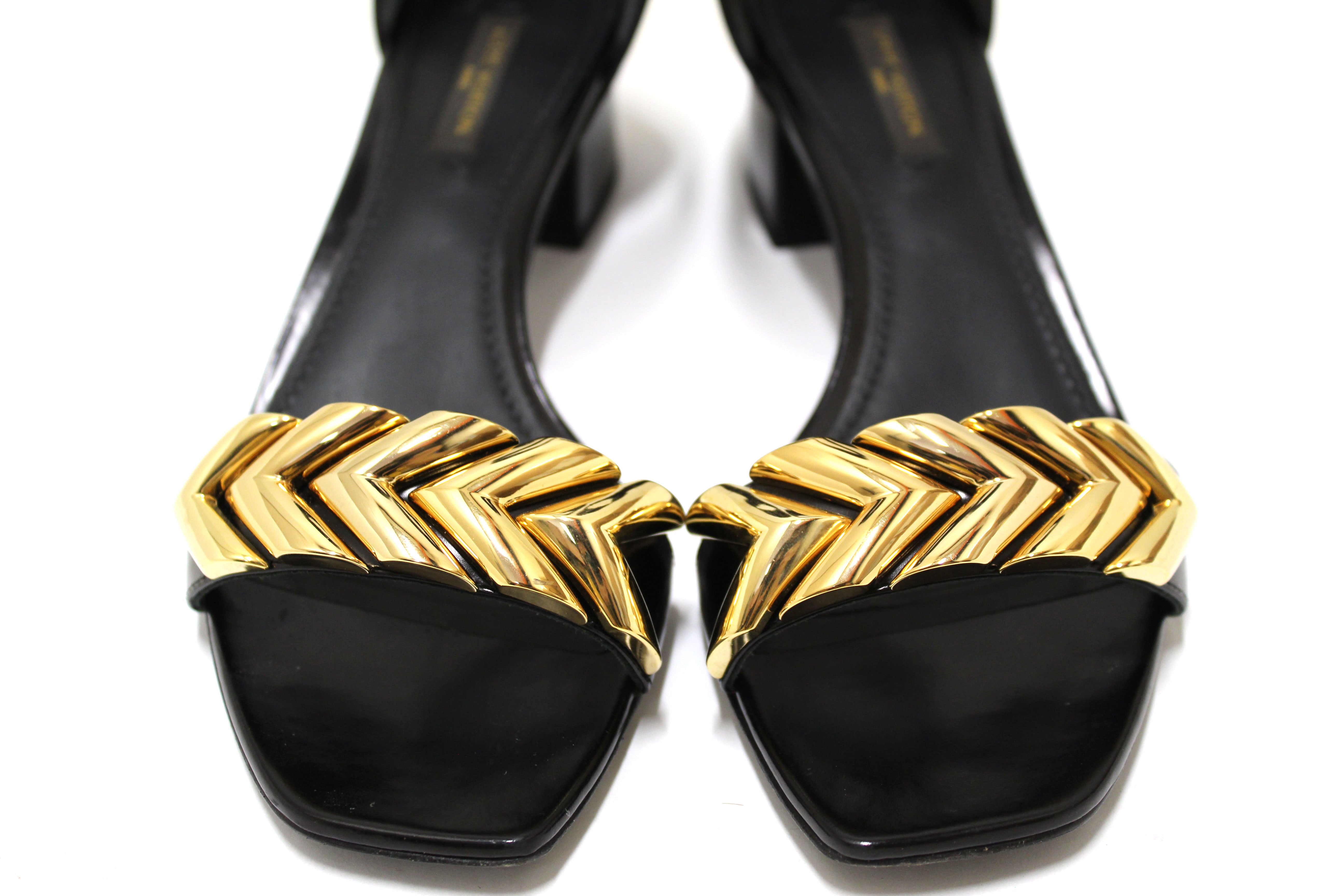 Authentic Louis Vuitton Black Calfskin Westbound Block Heel Sandal Shoes 4cm Size 37