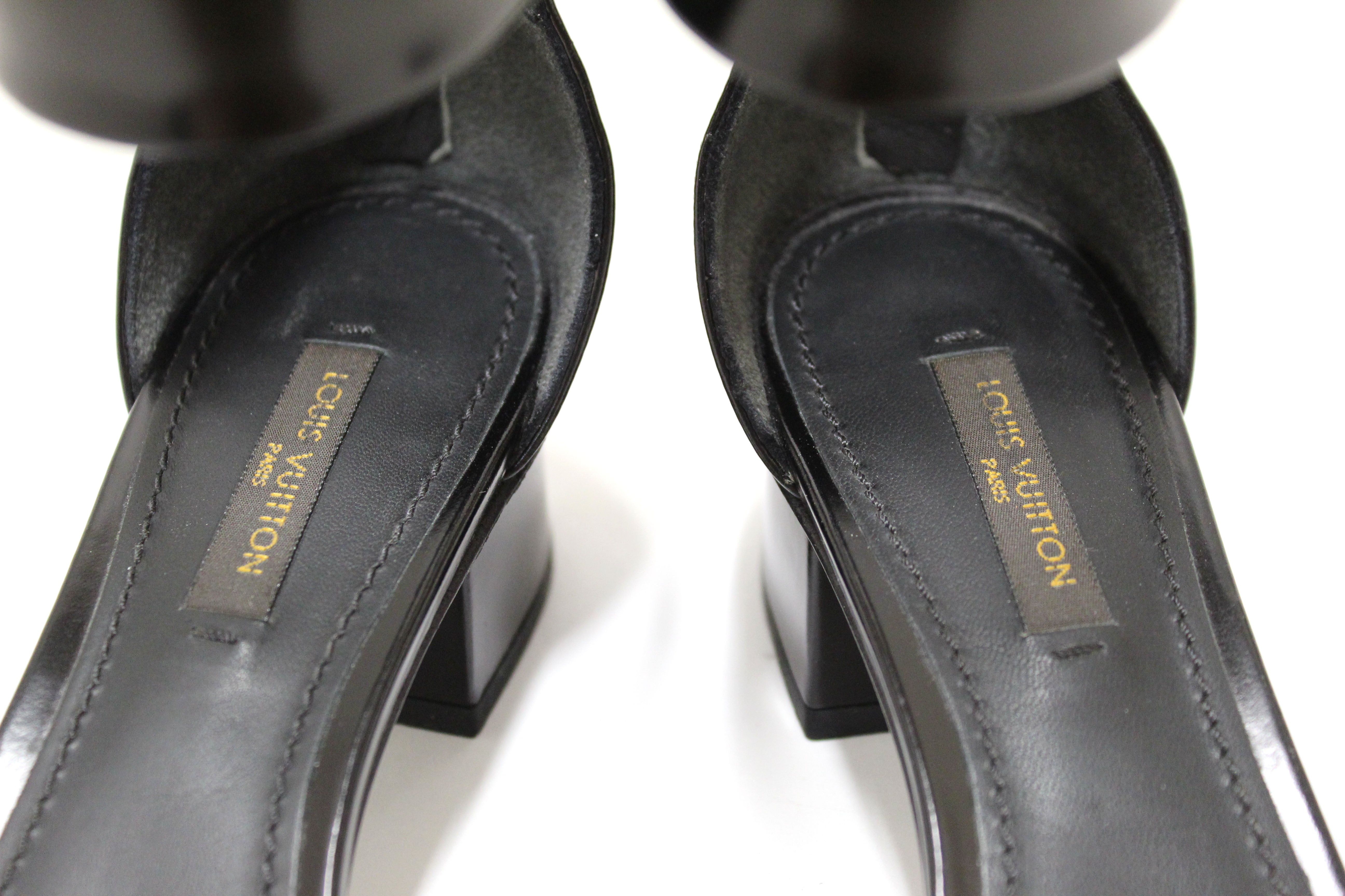 Authentic Louis Vuitton Black Calfskin Westbound Block Heel Sandal Shoes 4cm Size 37