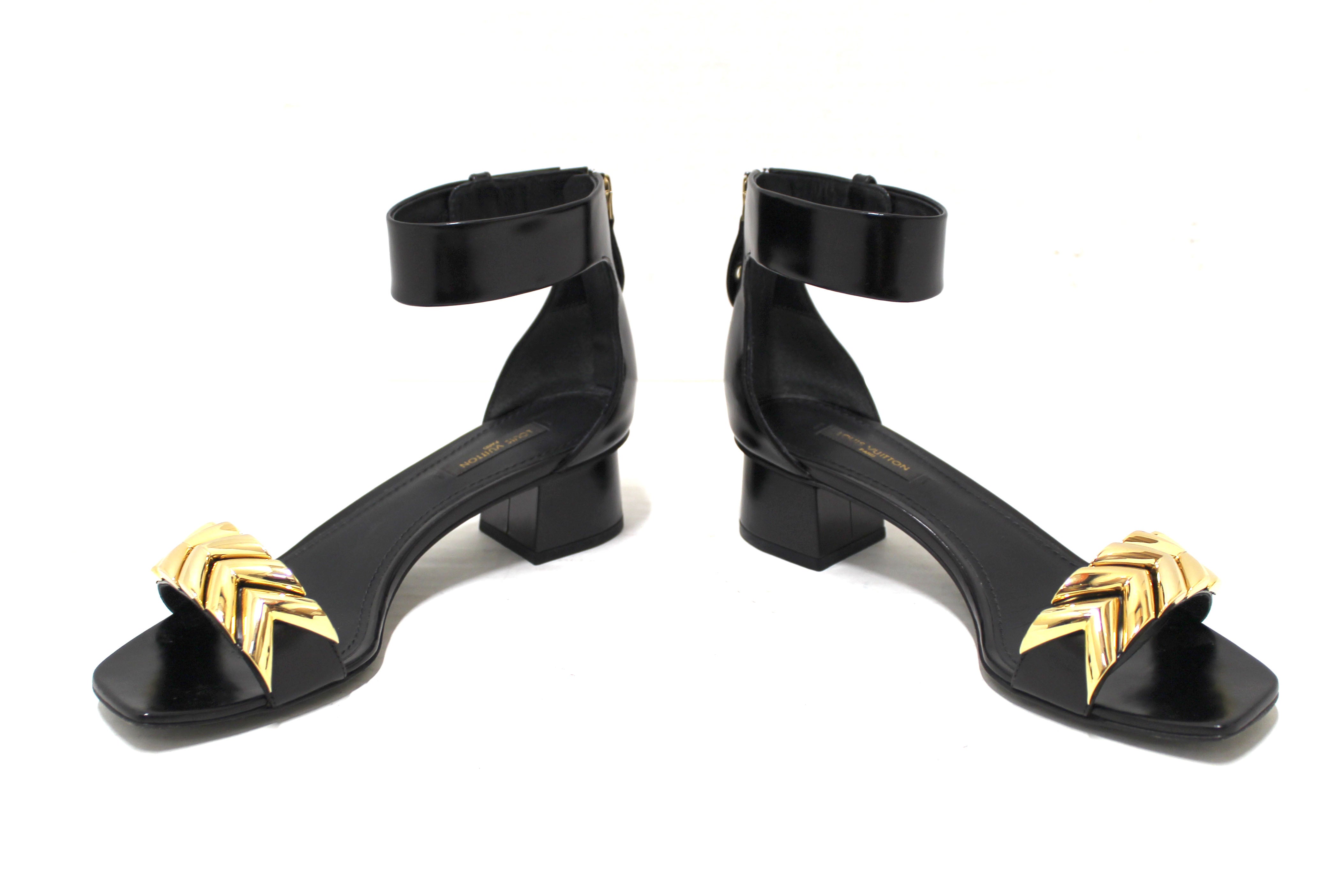 Authentic Louis Vuitton Black Calfskin Westbound Block Heel Sandal Shoes 4cm Size 37