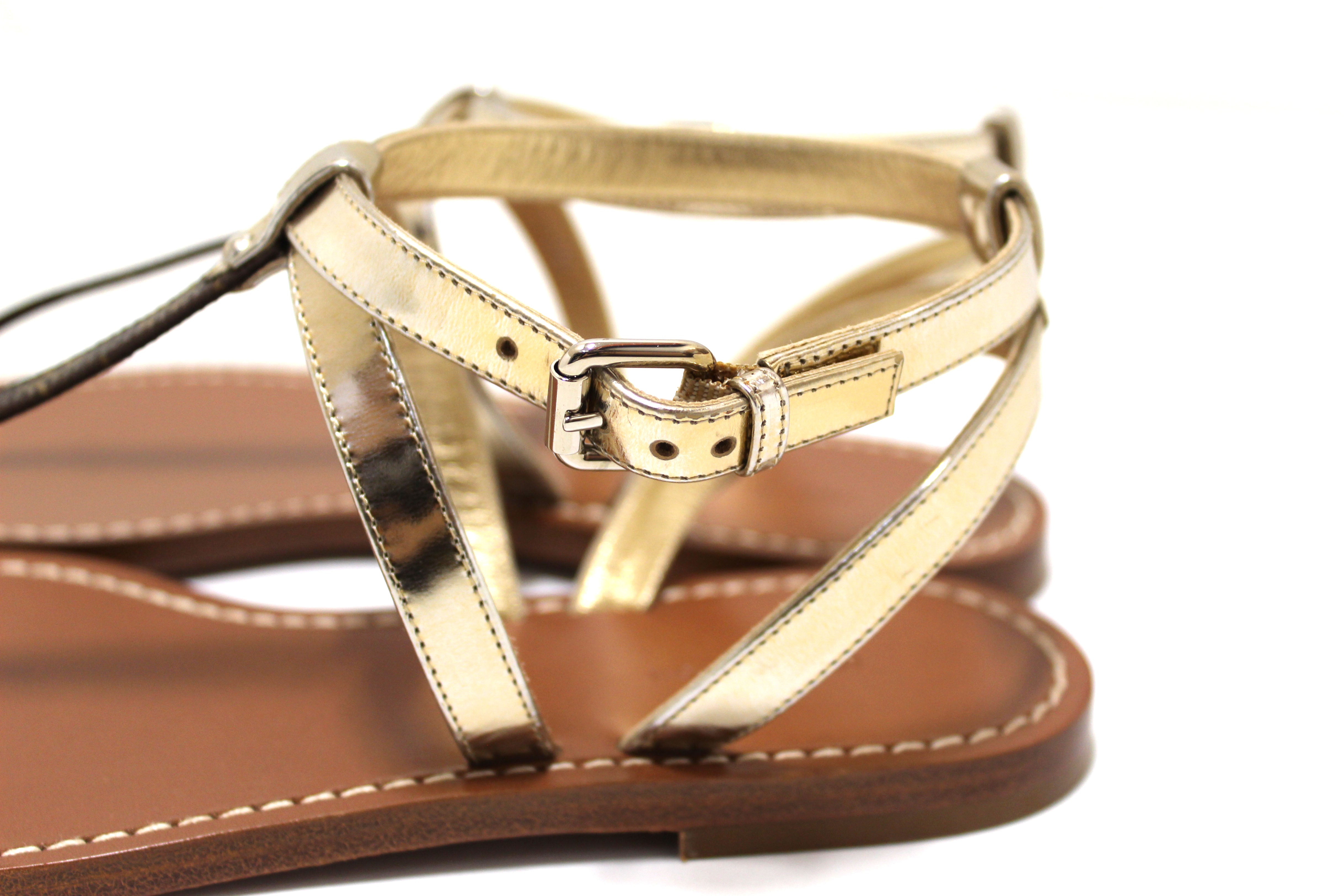 Authentic New Louis Vuitton Monogram Gold Carimbo Flat Sandals Shoes Size 37