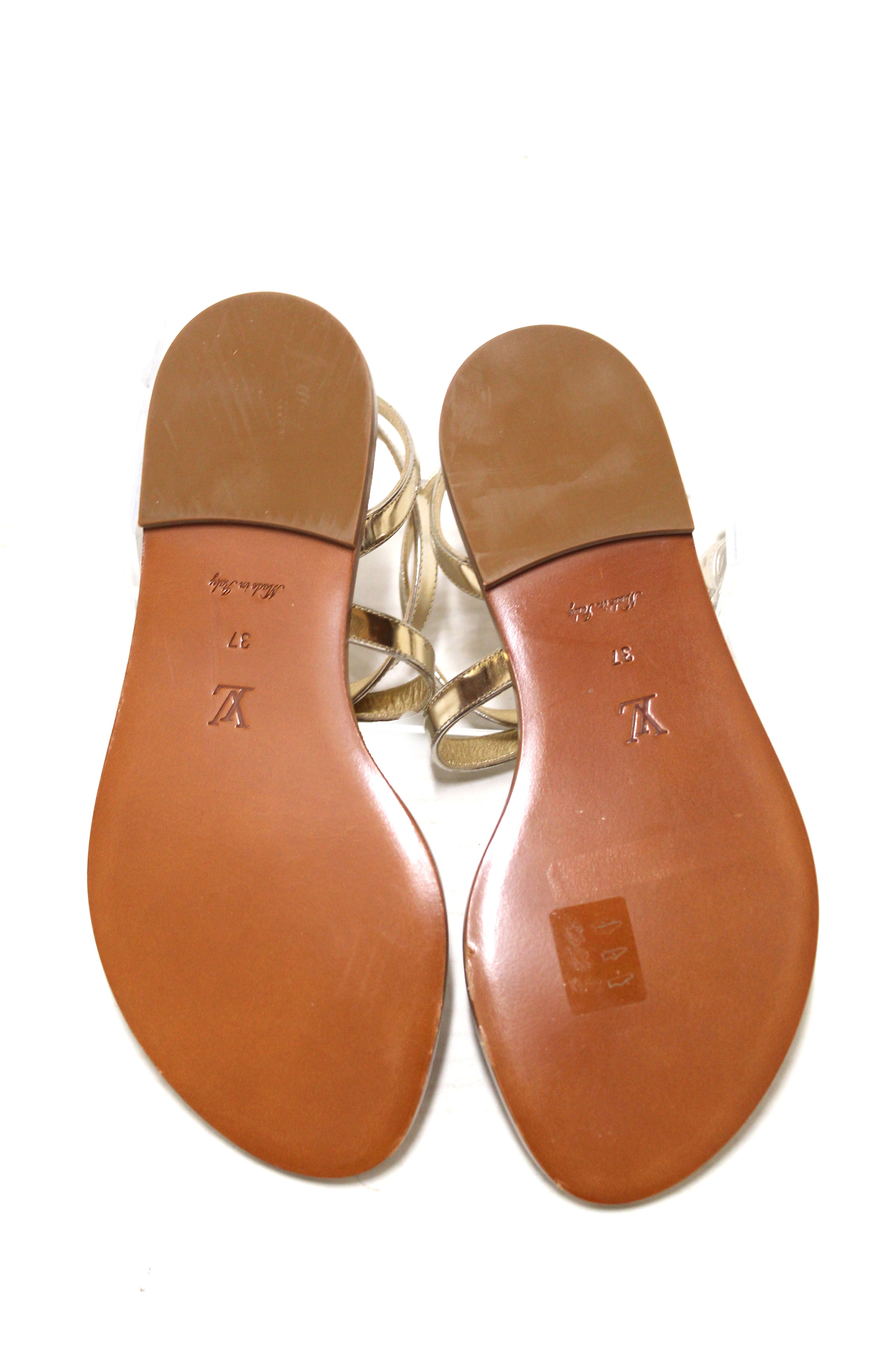 Authentic New Louis Vuitton Monogram Gold Carimbo Flat Sandals Shoes Size 37