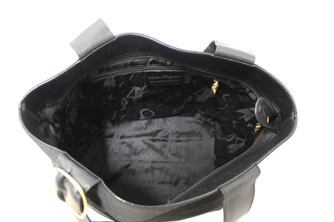 Authentic Salvatore Ferragamo Black Grosgrain Ribbon Tiered Tote AU-21-4240