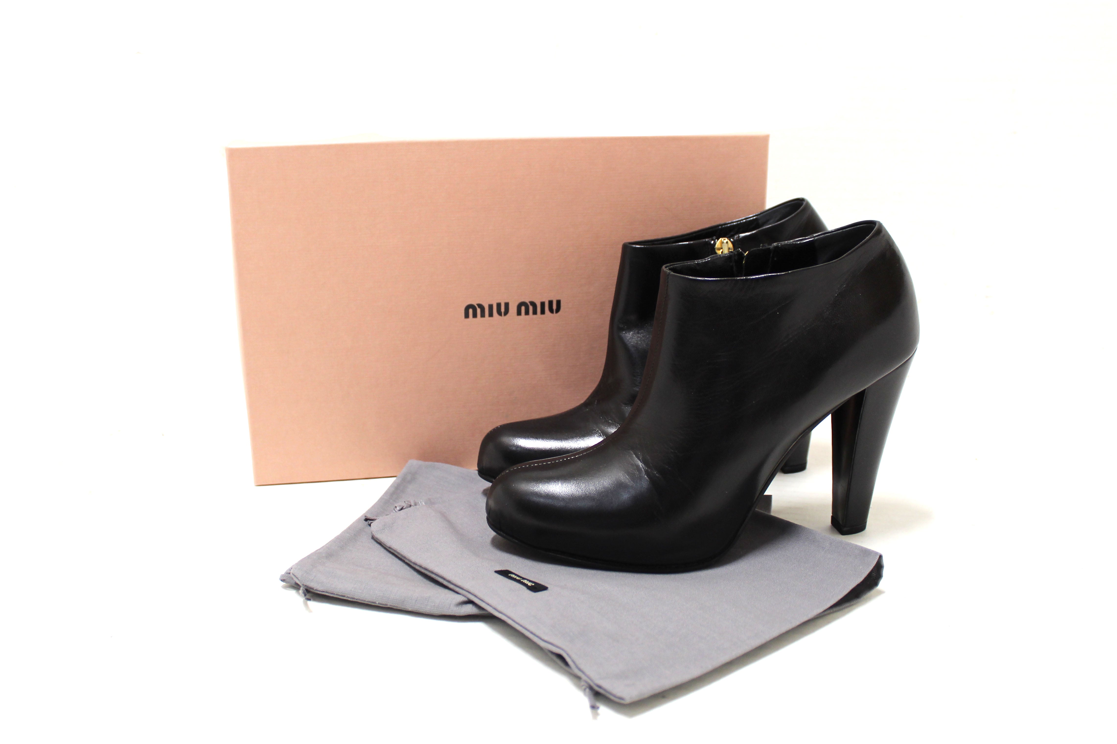 Authentic Miu Miu Black Leather Ankle Heel Boots Size 38