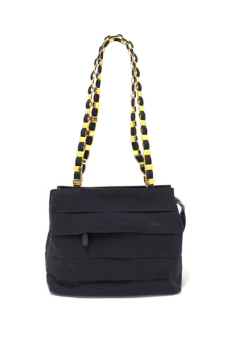 Authentic Salvatore Ferragamo Navy Blue Grosgrain Ribbon Tiered Shoulder Bag AU-21-5252