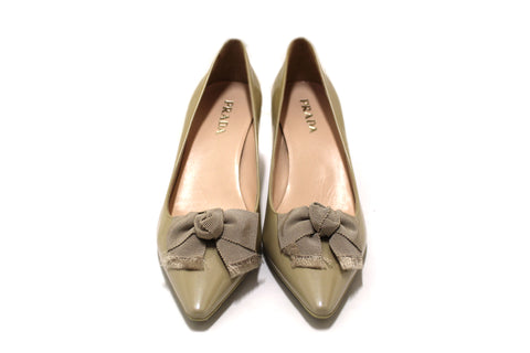 Authentic Prada Calzature Donna Shimmer Beige Bow Patent Leather Kitten Heel Shoes Size 37