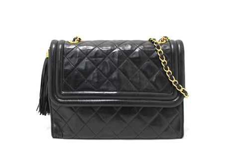 Authentic Chanel Vintage Black Quilted Lambskin Leather Tassel Flap Shoulder Bag