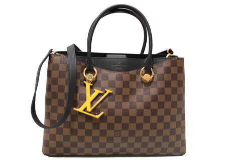 Authentic Louis Vuitton Damier Ebene Canvas With Black Leather Riverside Bag