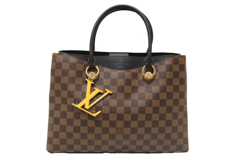 Authentic Louis Vuitton Damier Ebene Canvas With Black Leather Riverside Bag