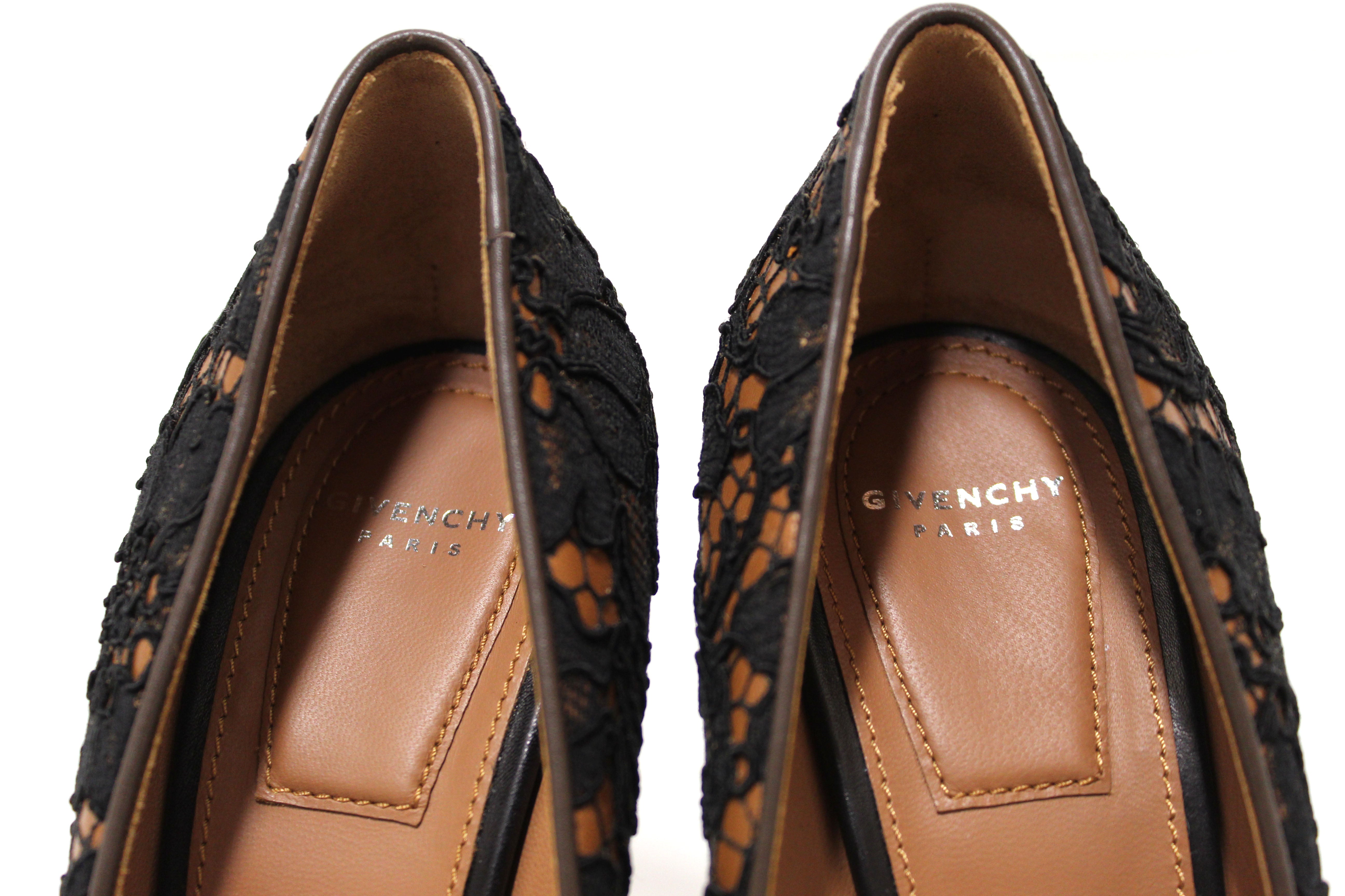 NEW Authentic Givenchy Black Floral Lace Cover Brown Leather Pamela Pump Size 37.5