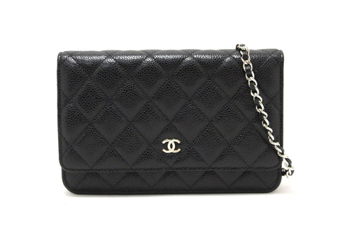 Authentic Chanel Black Quilted Caviar Leather Wallet On Chain WOC Messenger Bag