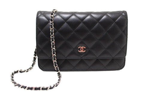 Authentic Chanel Black Quilted Lambskin Leather Wallet On Chain WOC Messenger Bag