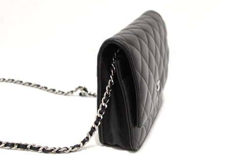 Authentic Chanel Black Quilted Lambskin Leather Wallet On Chain WOC Messenger Bag