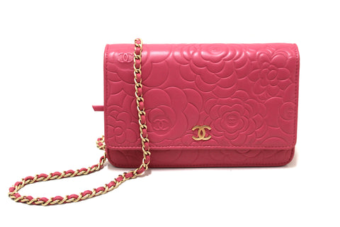 Authentic Chanel Pink Camellia Lambskin Leather Wallet On Chain/Clutch Bag