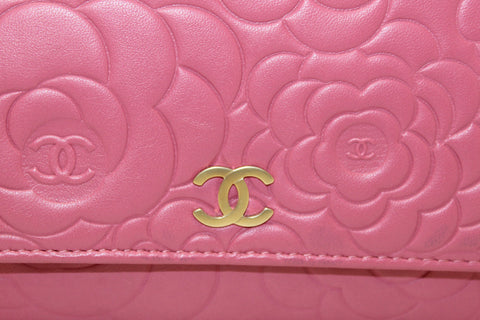 Authentic Chanel Pink Camellia Lambskin Leather Wallet On Chain/Clutch Bag