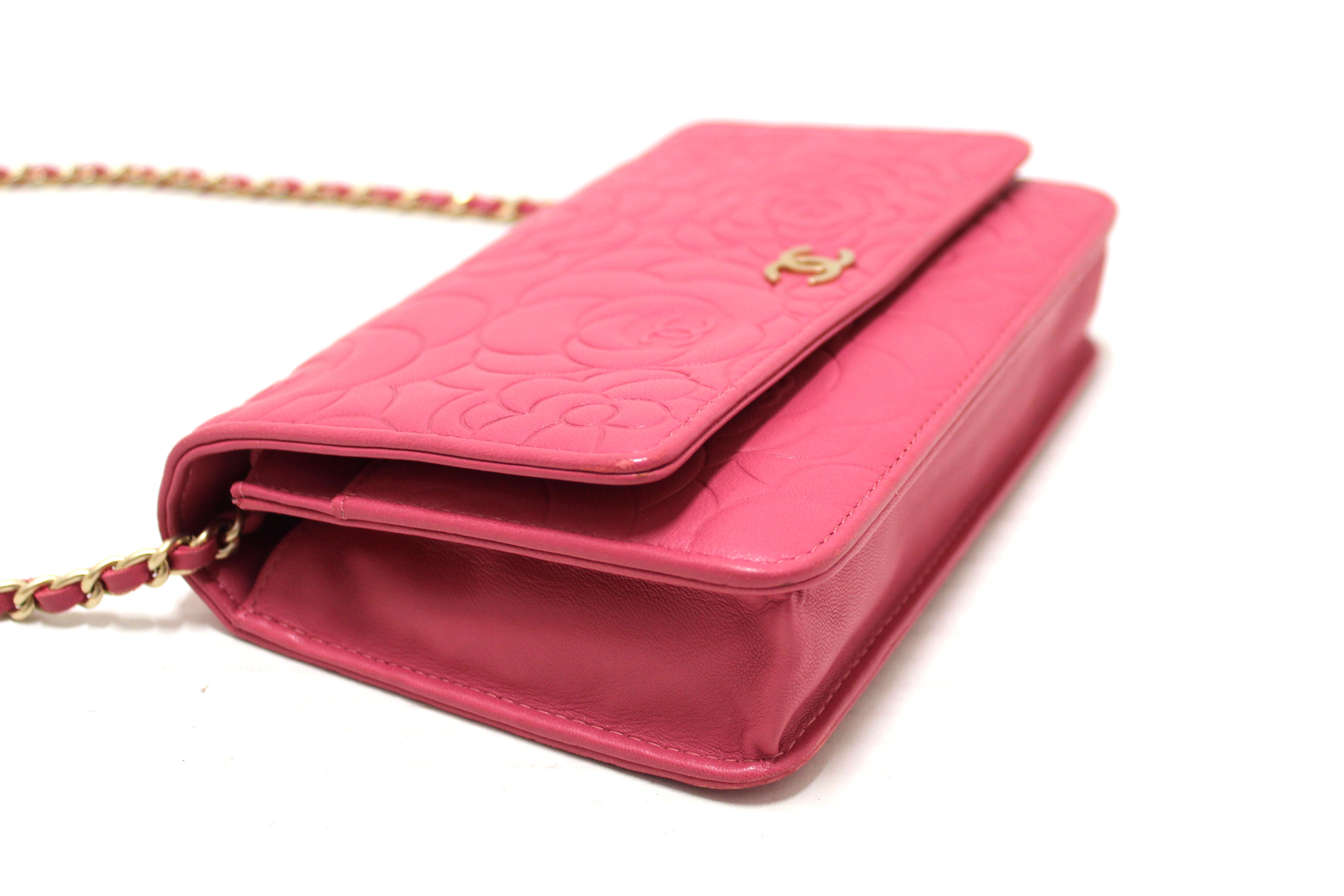 Authentic Chanel Pink Camellia Lambskin Leather Wallet On Chain/Clutch Bag