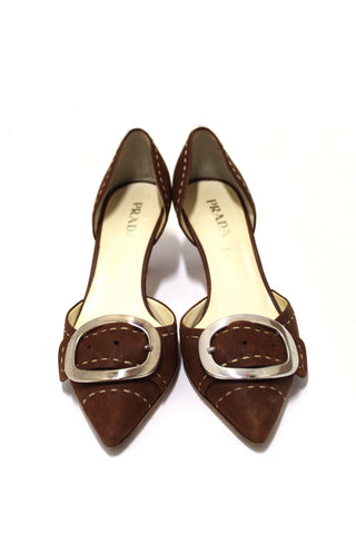 Authentic Prada Brown Suede Buckle Kitten Heels Size 36.5