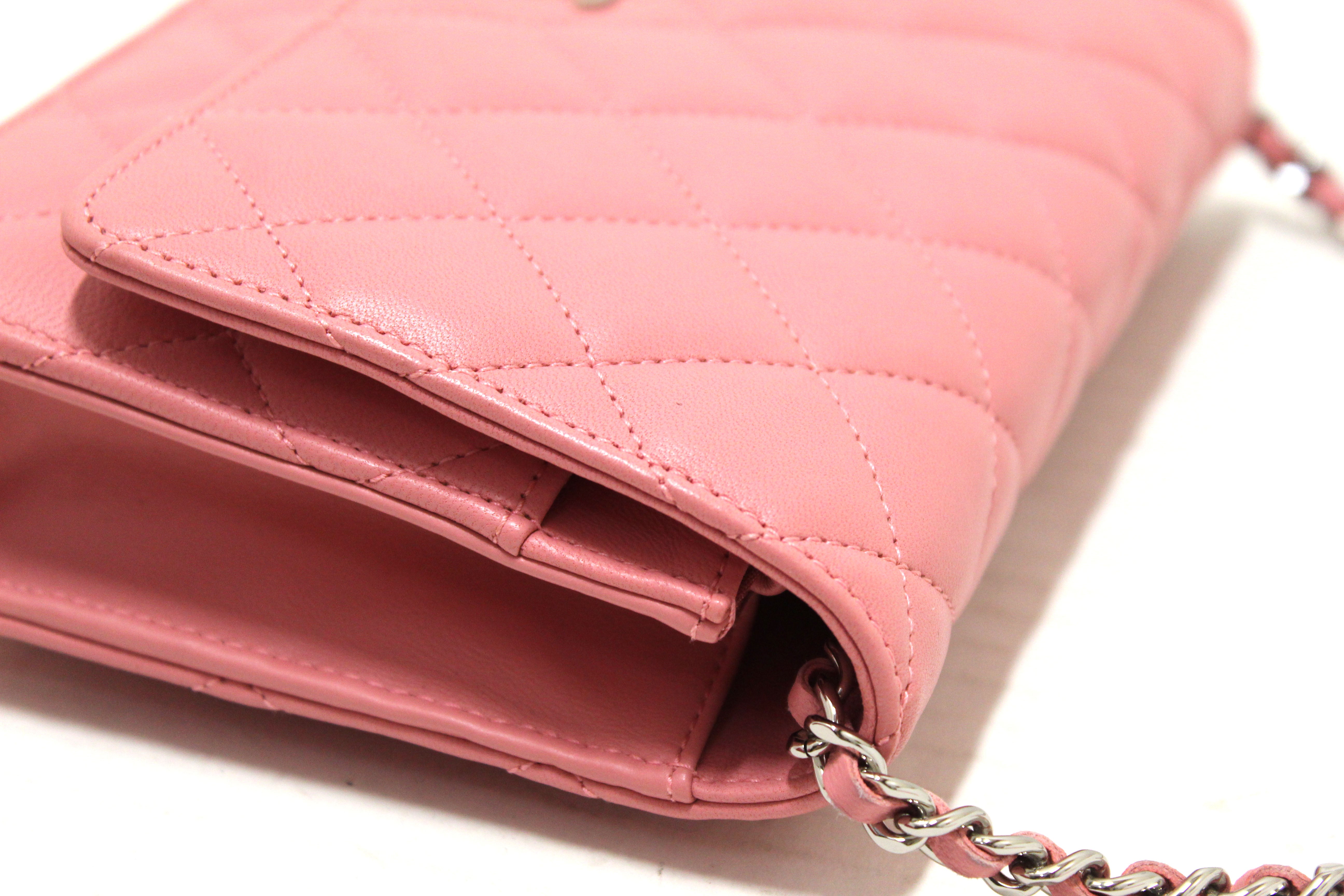 Authentic Chanel Pink Quilted Lambskin Leather Wallet On Chain WOC Messenger Bag