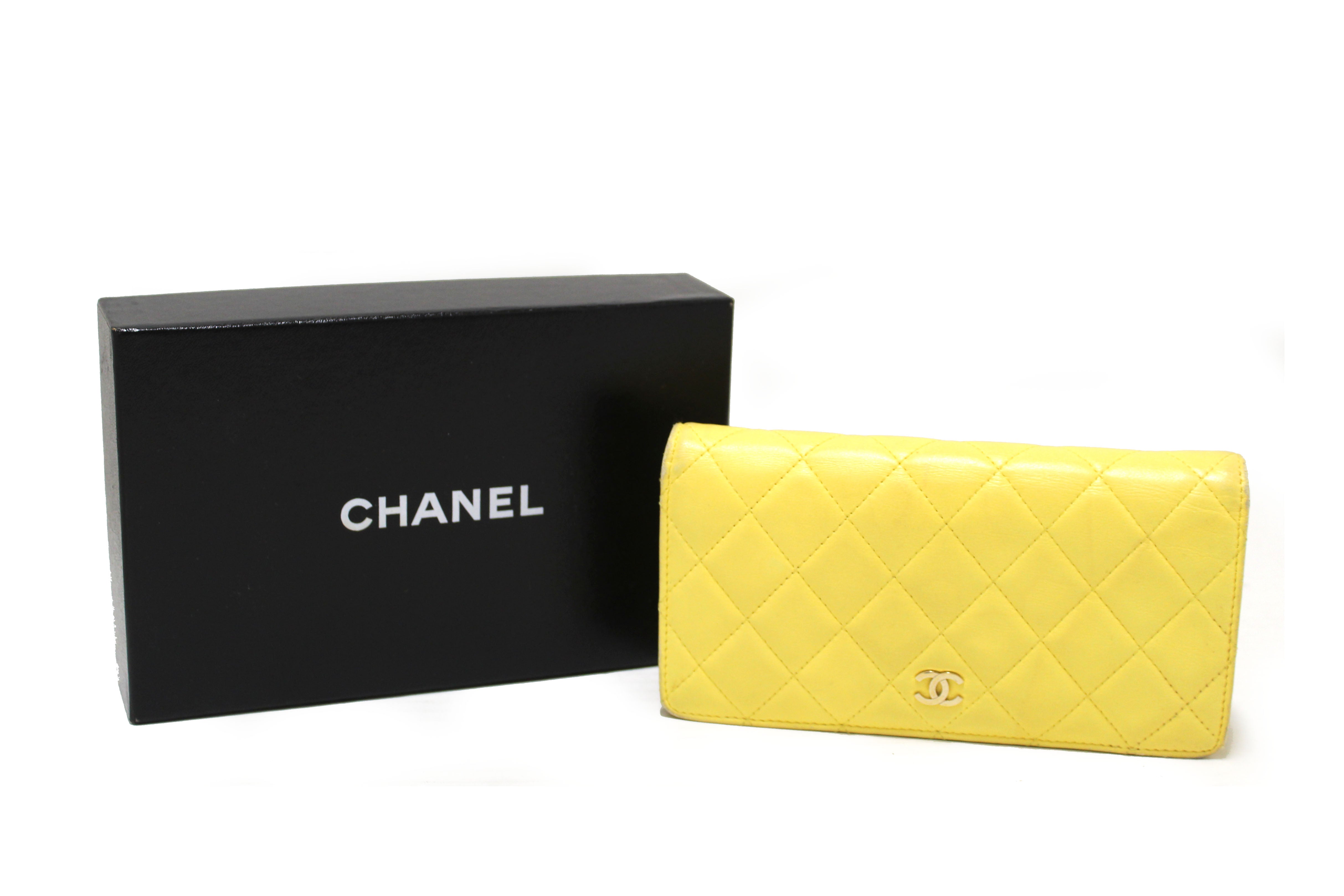 Authentic Chanel Yellow Quilted Lambskin Leather Wallet
