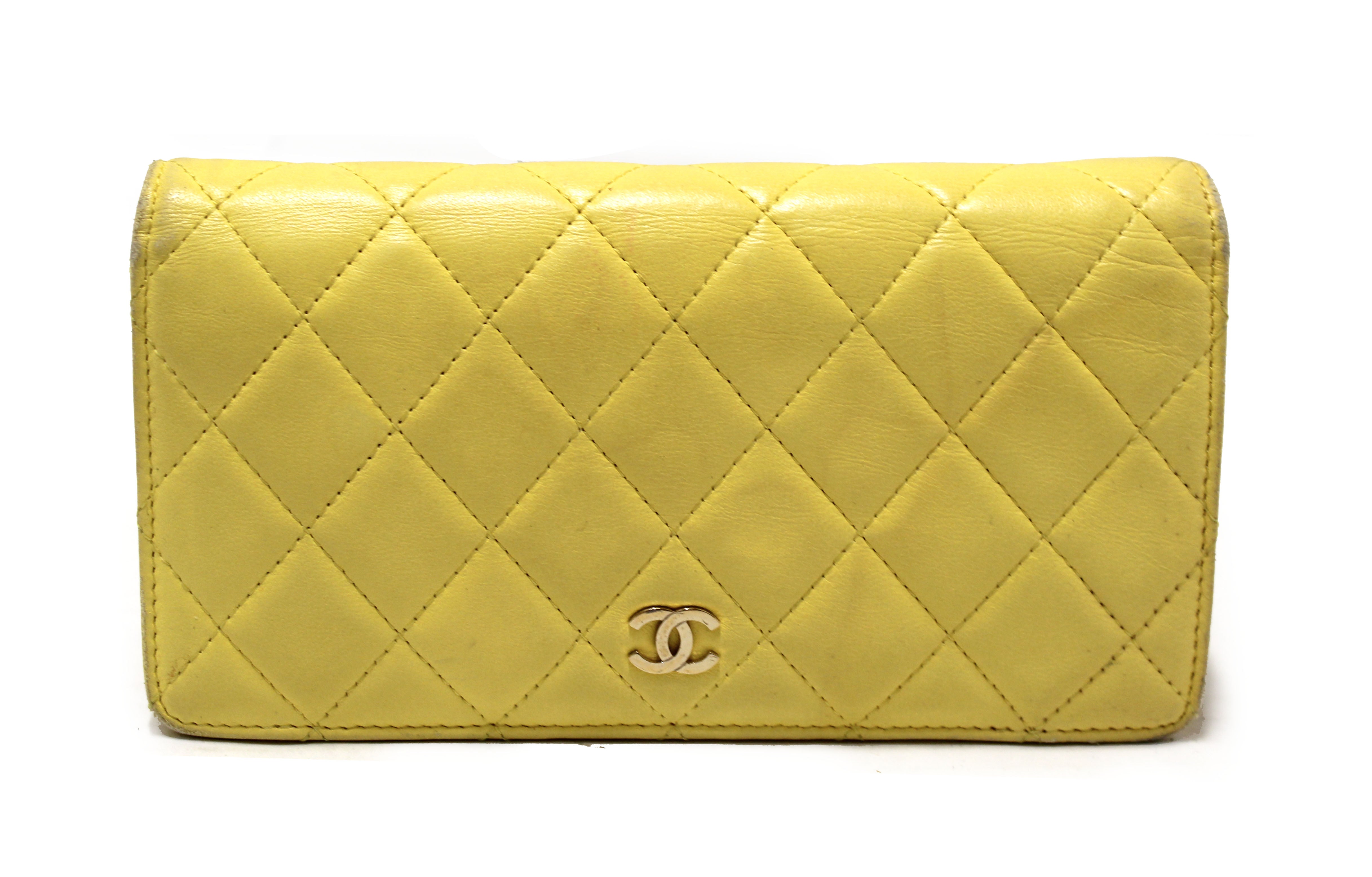 Authentic Chanel Yellow Quilted Lambskin Leather Wallet