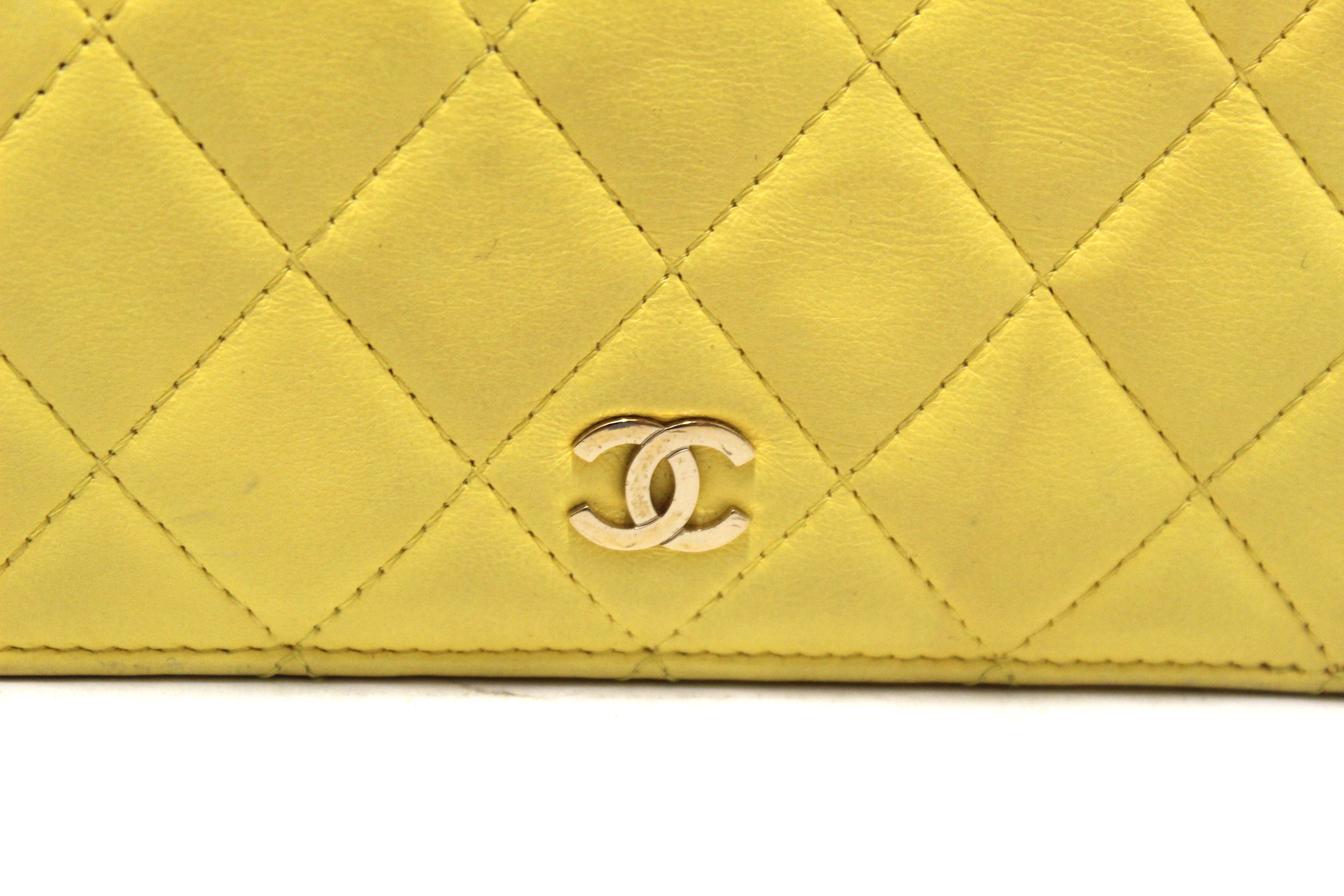 Authentic Chanel Yellow Quilted Lambskin Leather Wallet