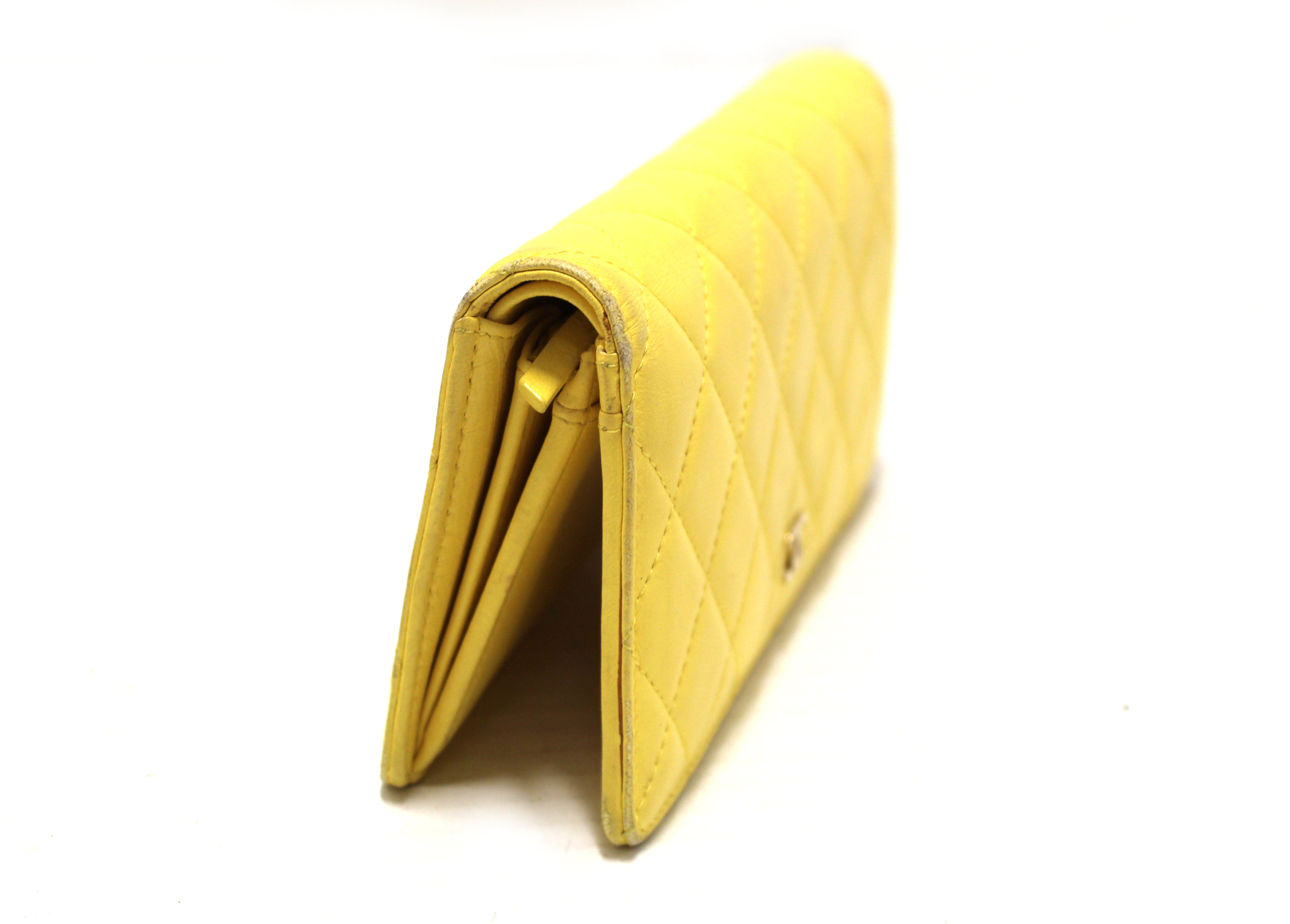 Authentic Chanel Yellow Quilted Lambskin Leather Wallet