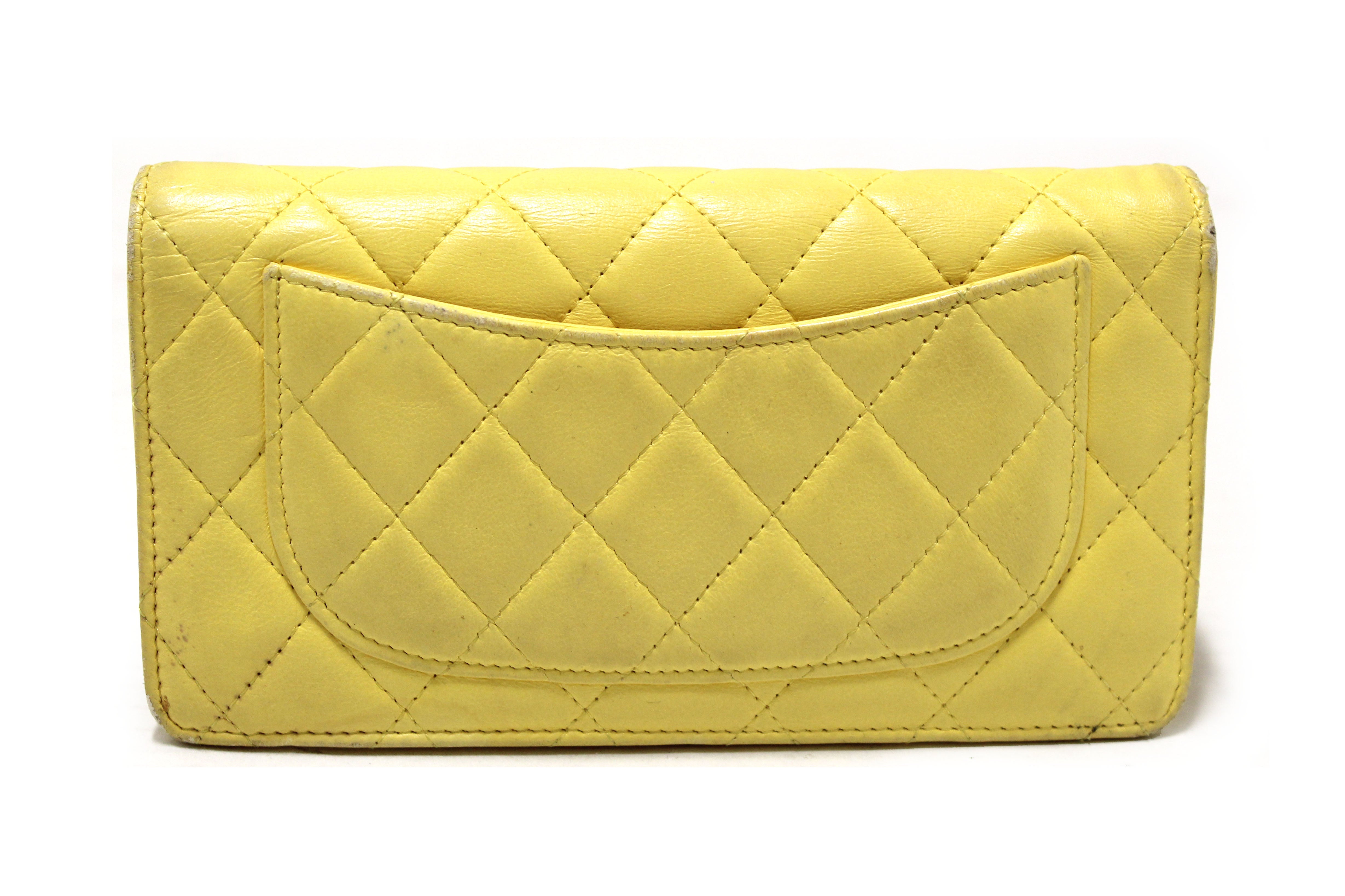 Authentic Chanel Yellow Quilted Lambskin Leather Wallet