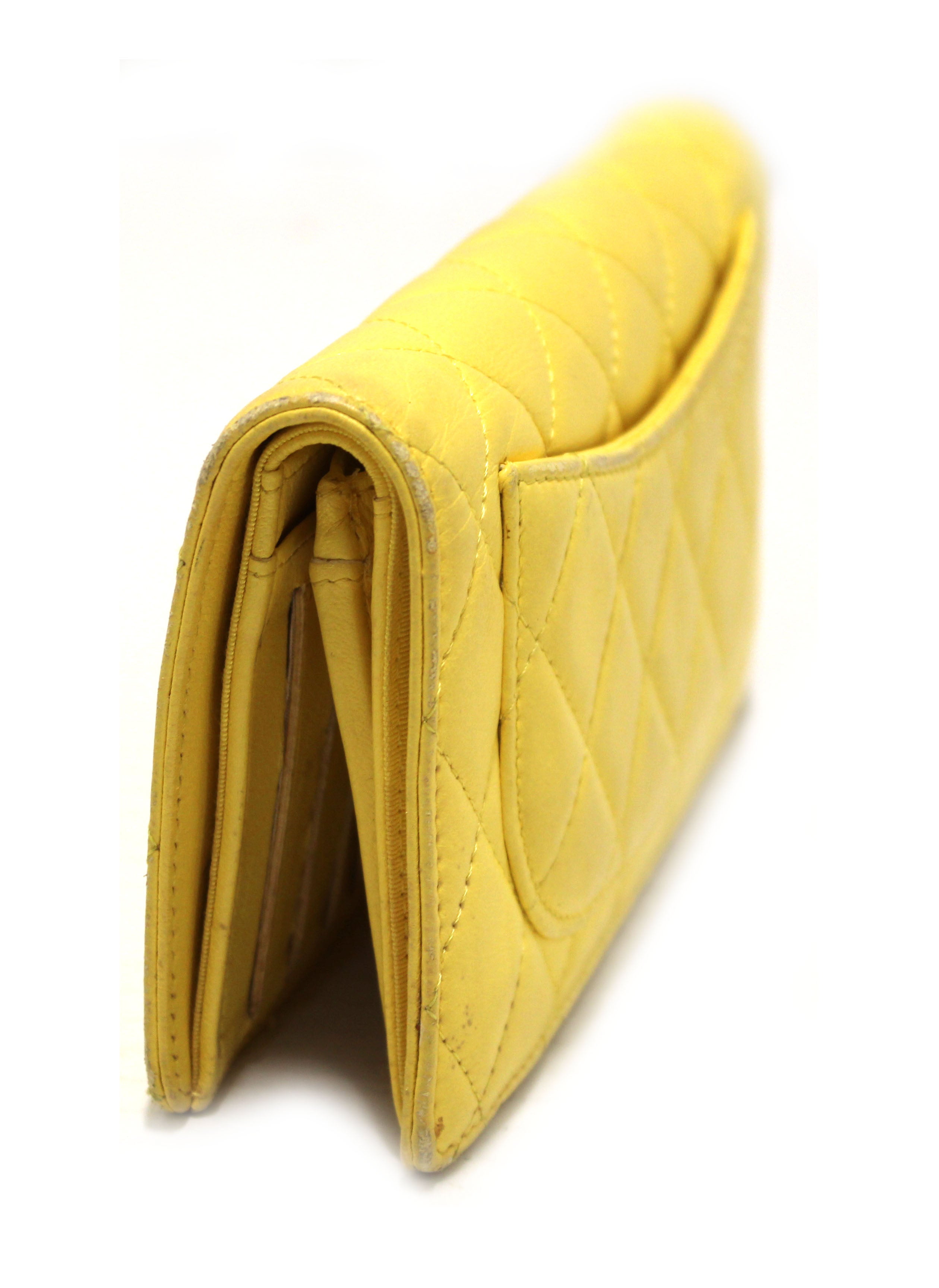 Authentic Chanel Yellow Quilted Lambskin Leather Wallet