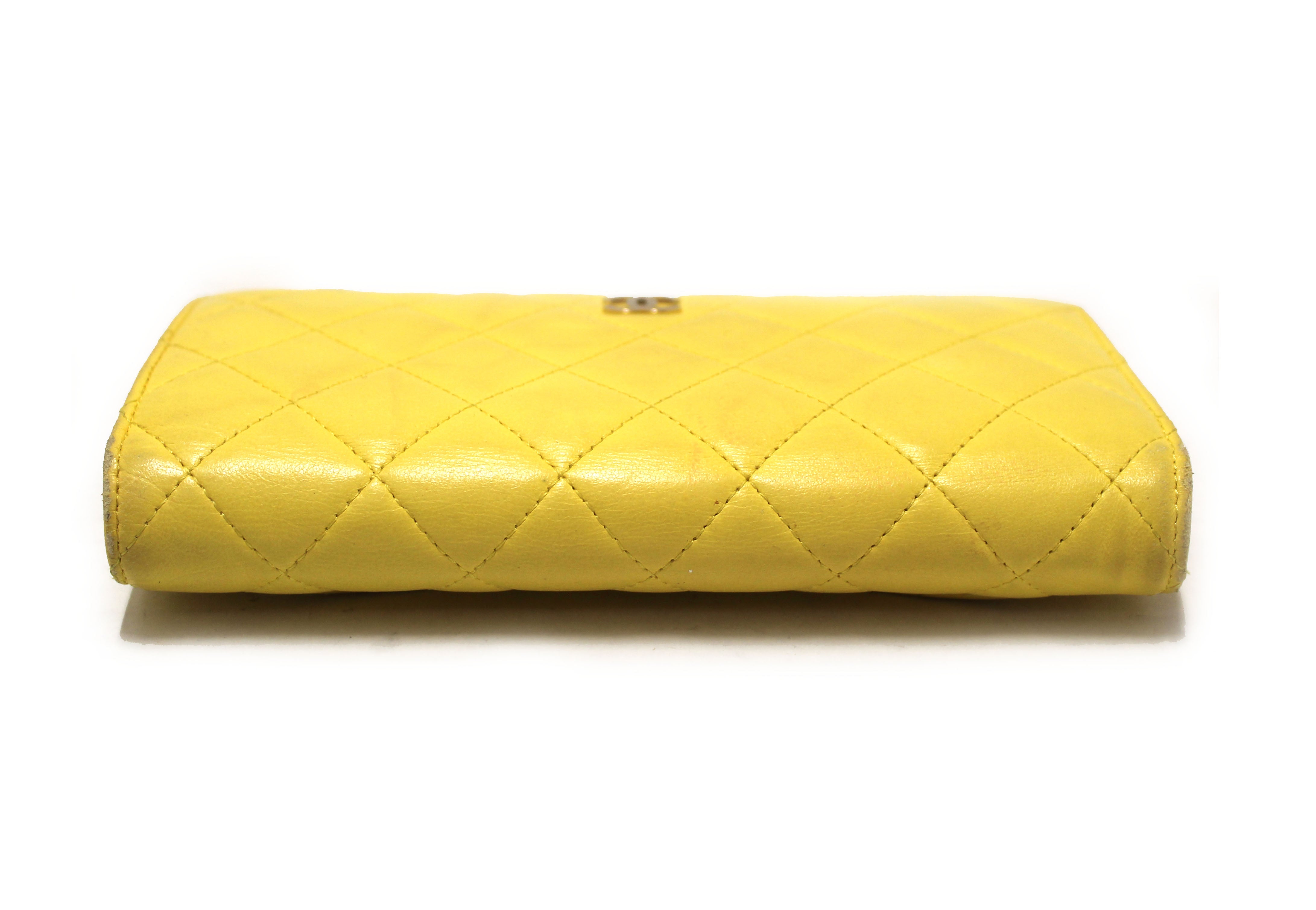 Authentic Chanel Yellow Quilted Lambskin Leather Wallet