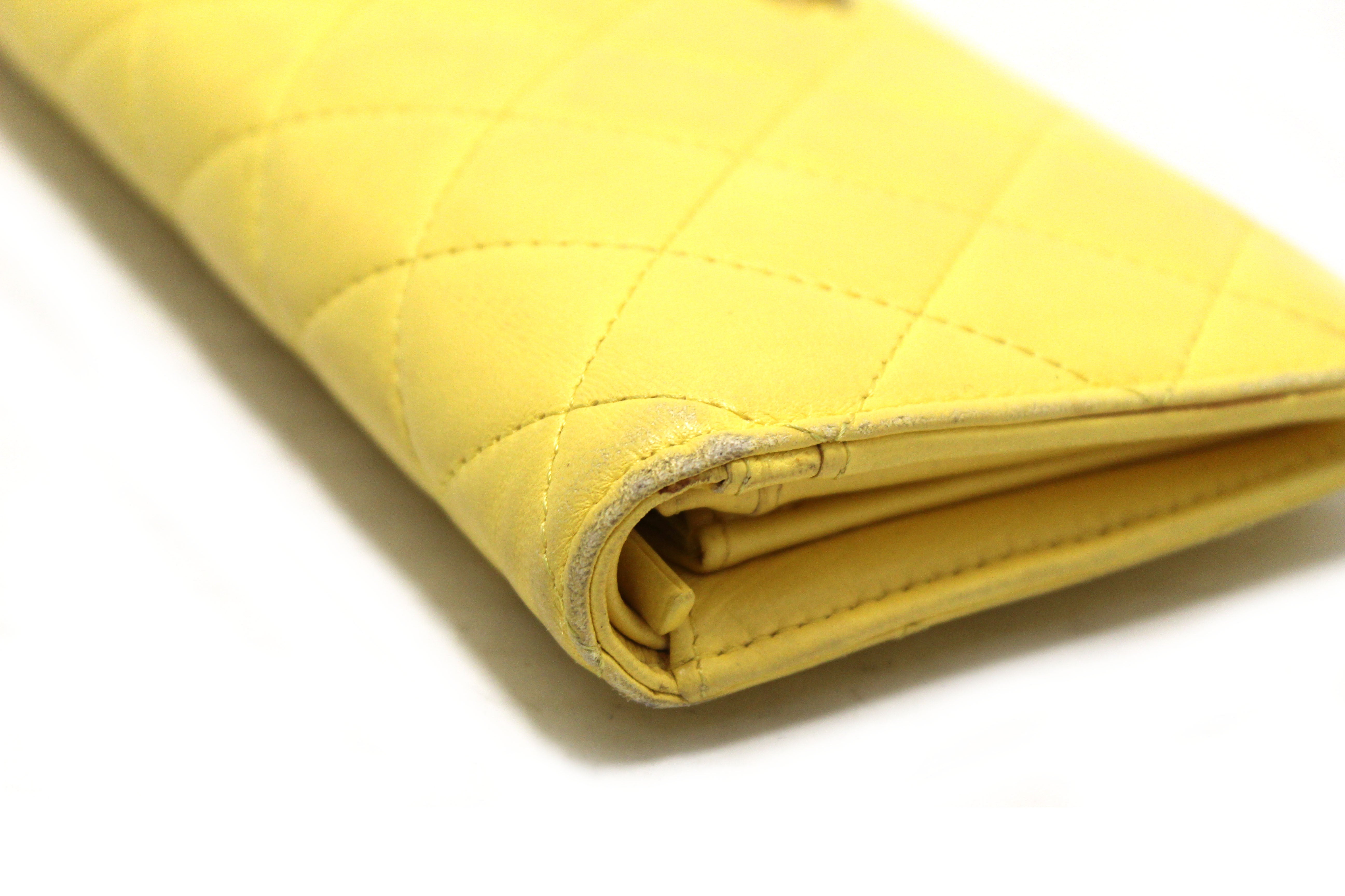 Authentic Chanel Yellow Quilted Lambskin Leather Wallet
