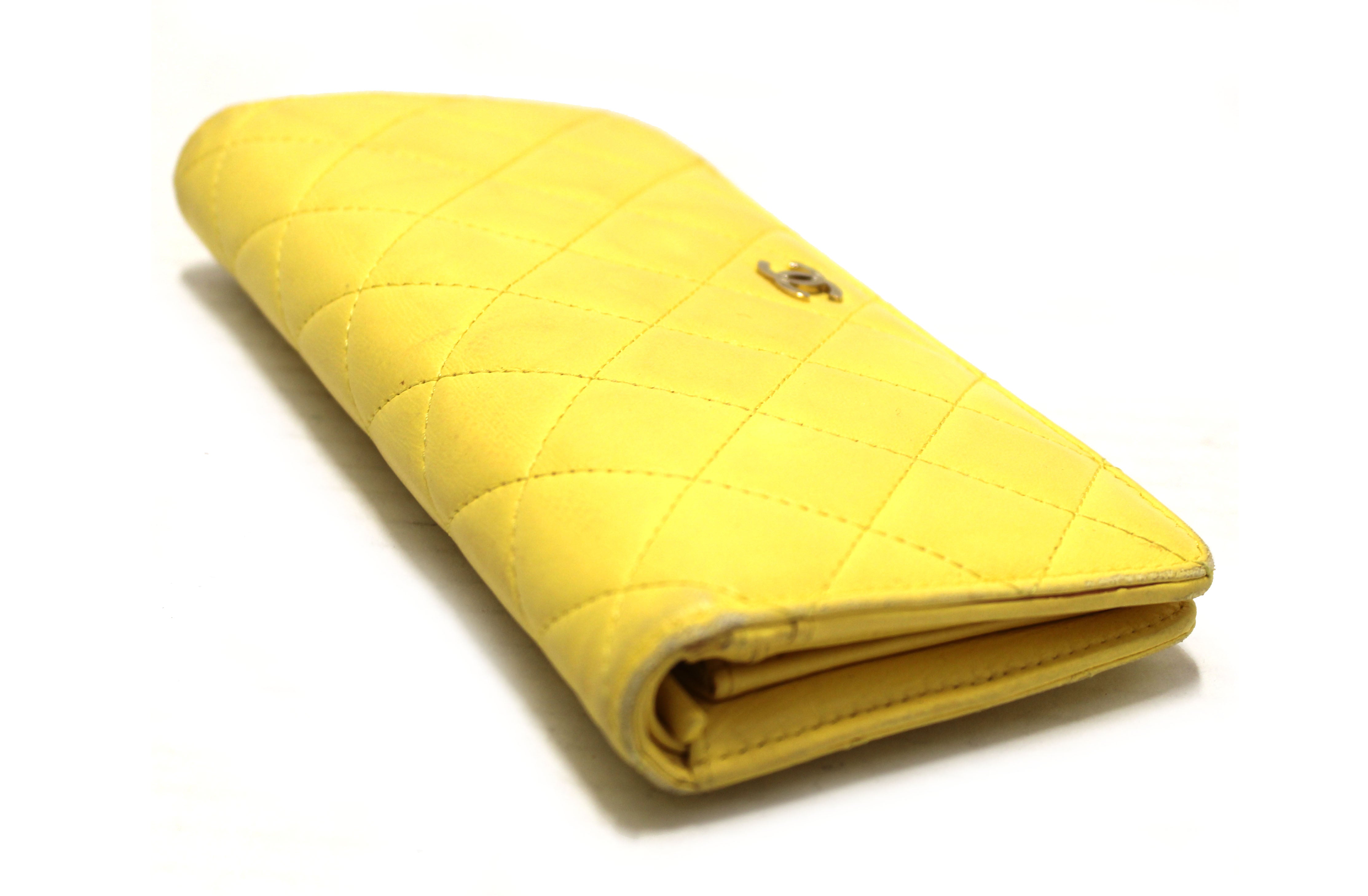 Authentic Chanel Yellow Quilted Lambskin Leather Wallet