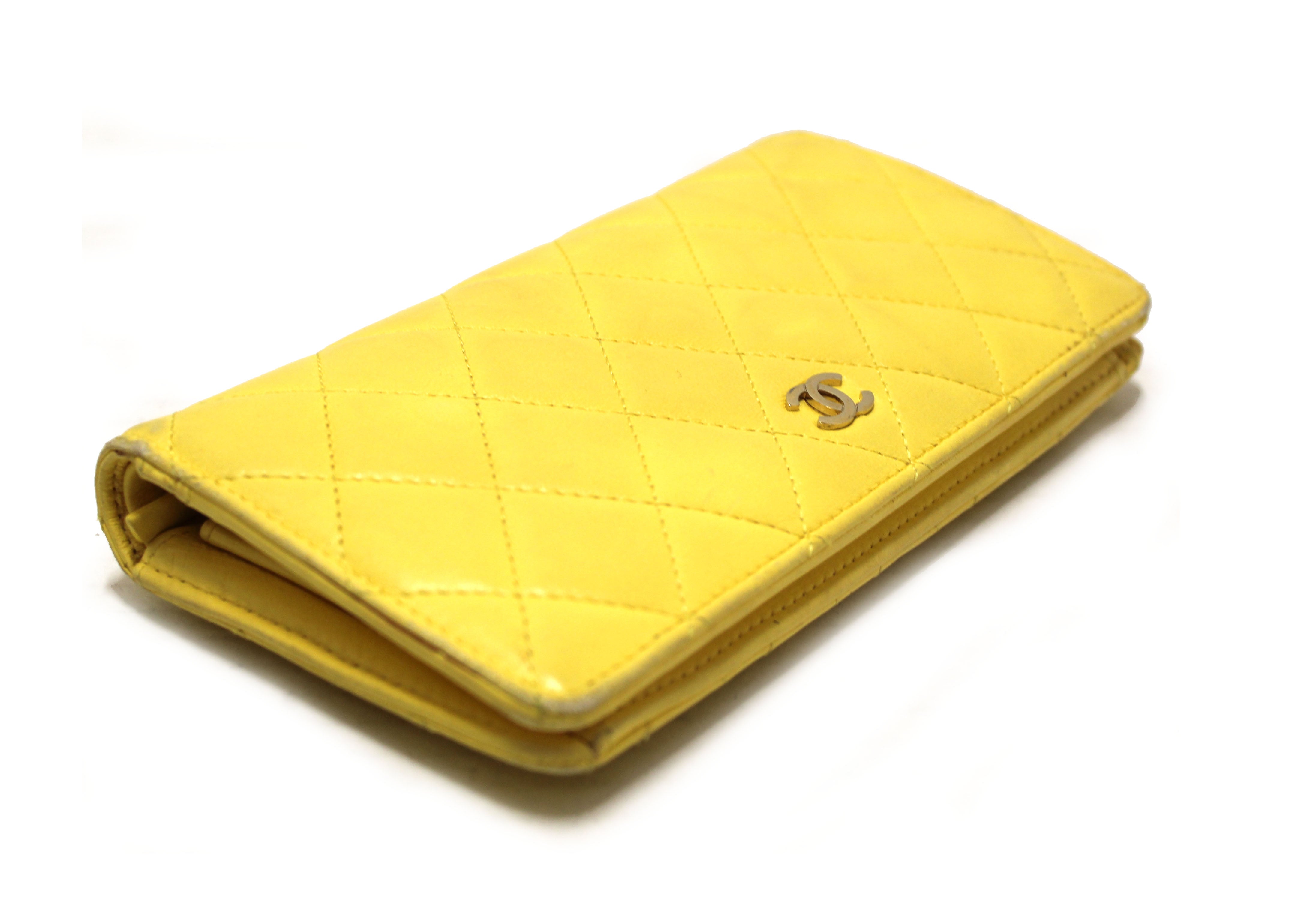 Authentic Chanel Yellow Quilted Lambskin Leather Wallet