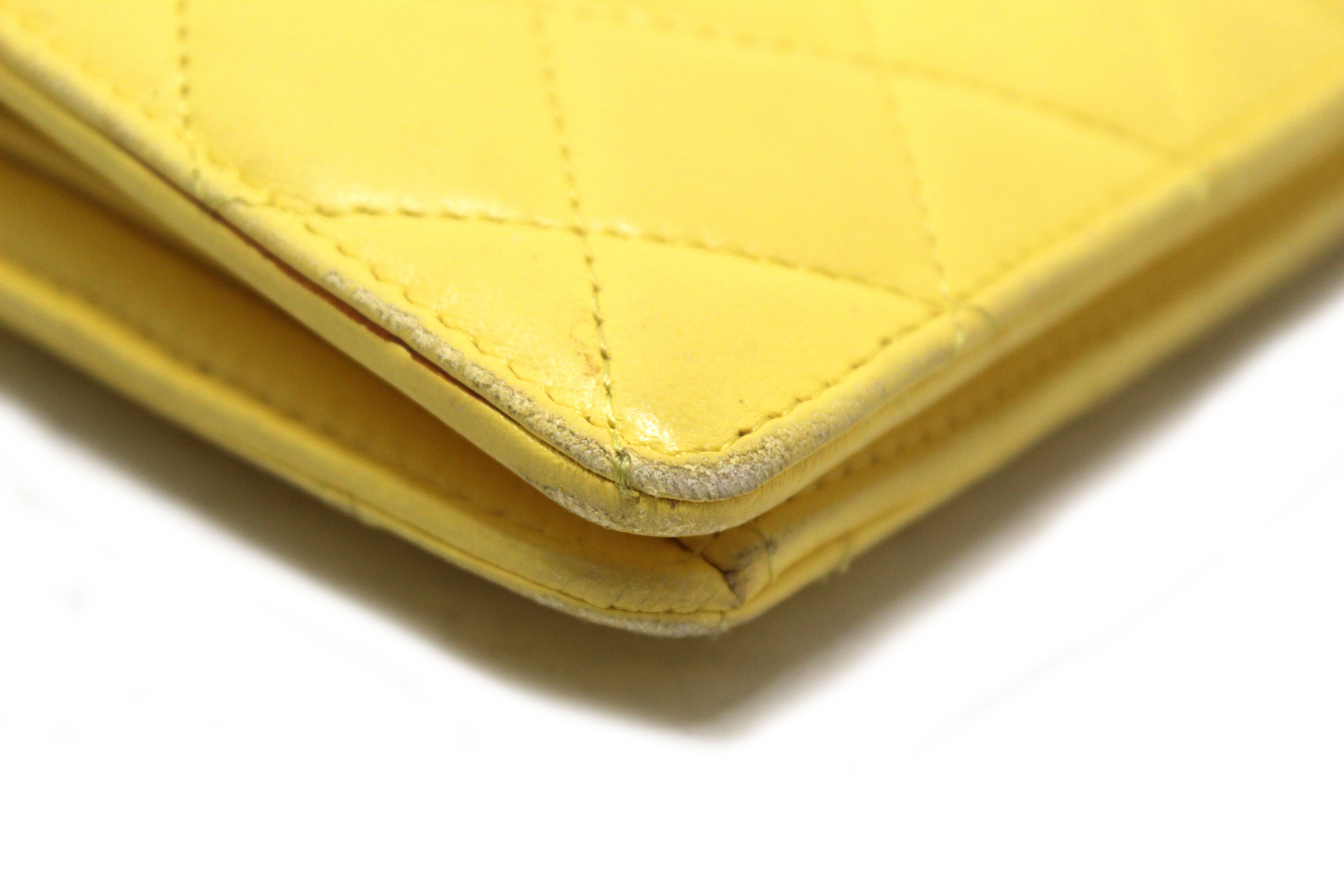 Authentic Chanel Yellow Quilted Lambskin Leather Wallet