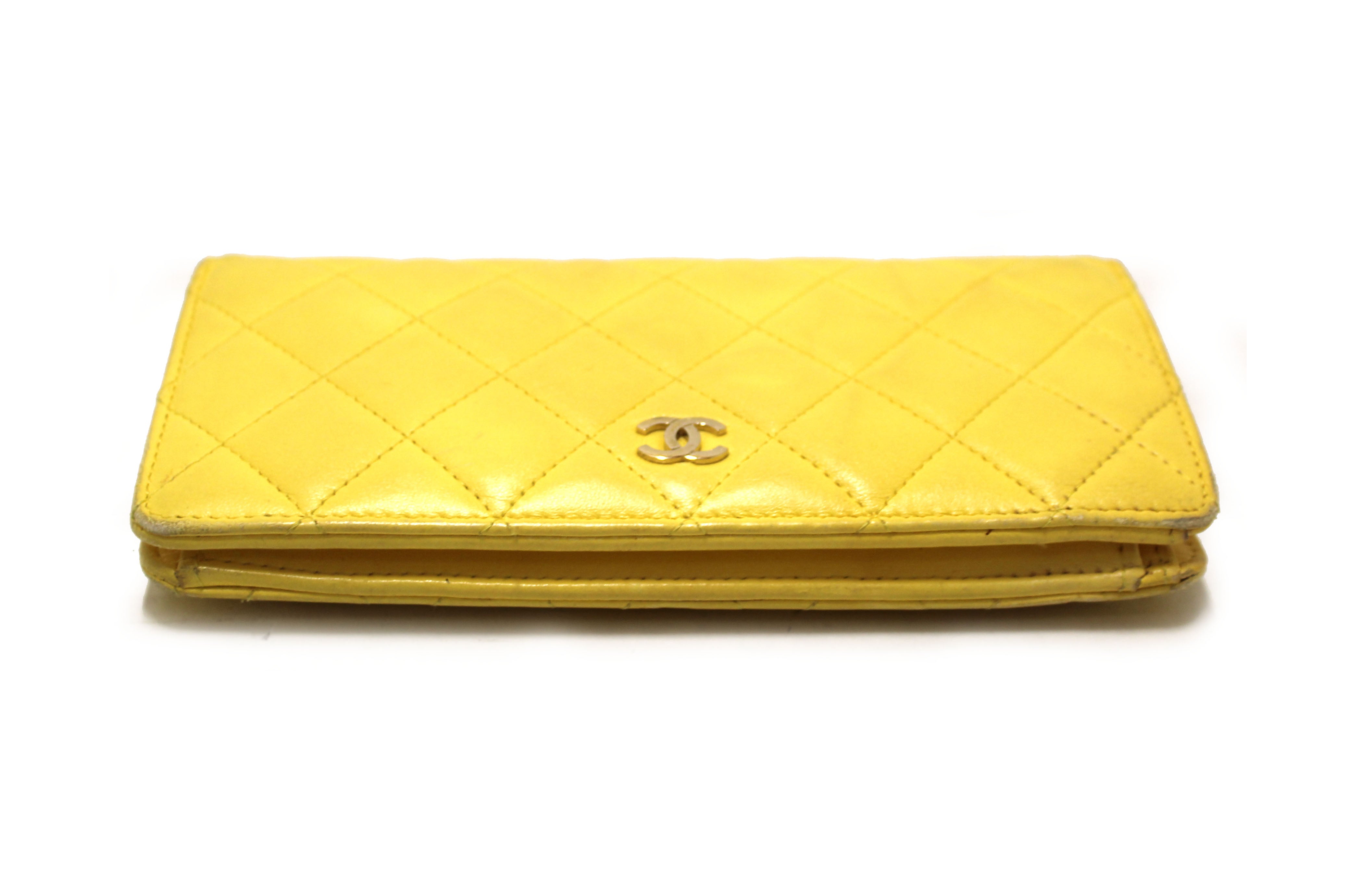 Authentic Chanel Yellow Quilted Lambskin Leather Wallet