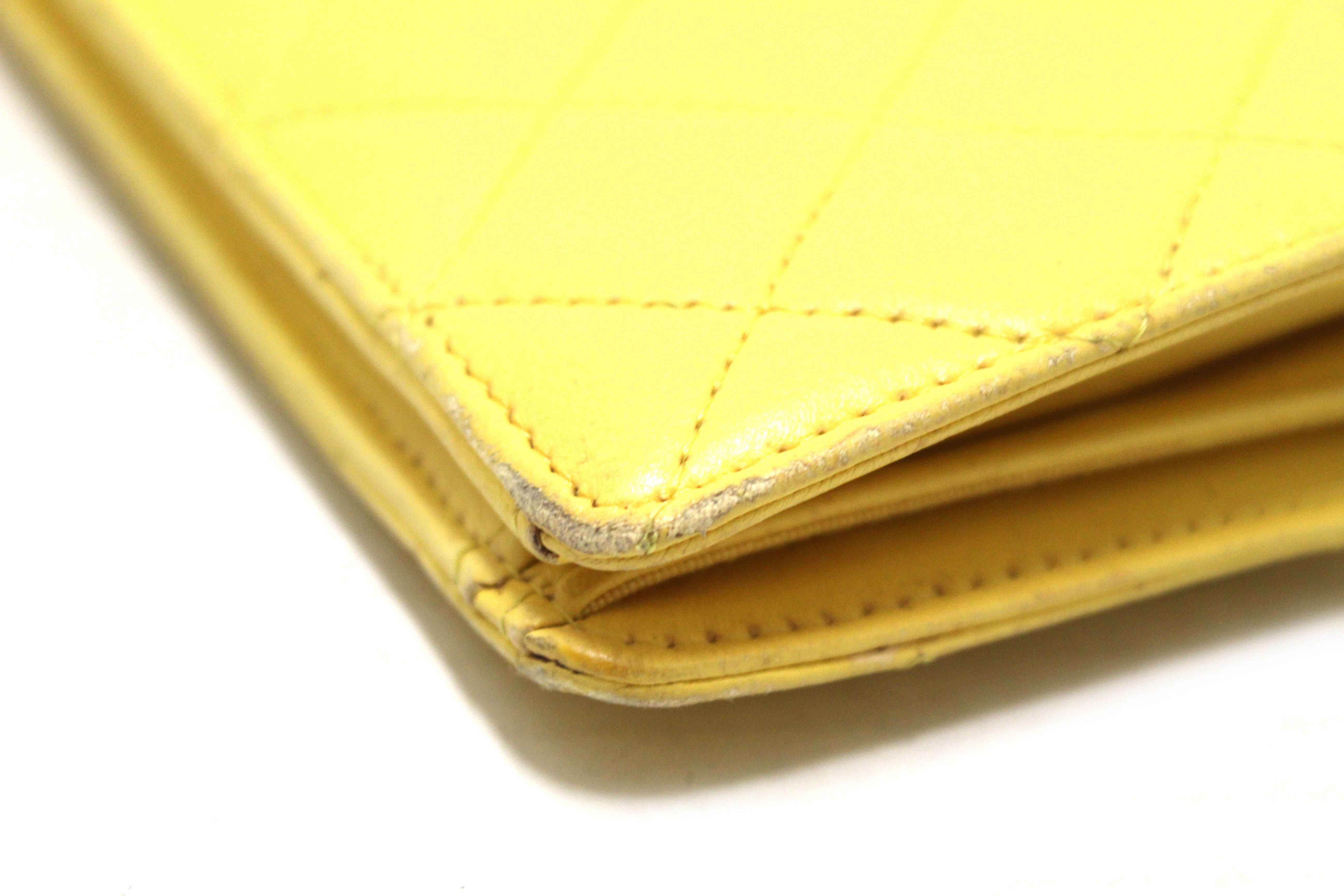 Authentic Chanel Yellow Quilted Lambskin Leather Wallet