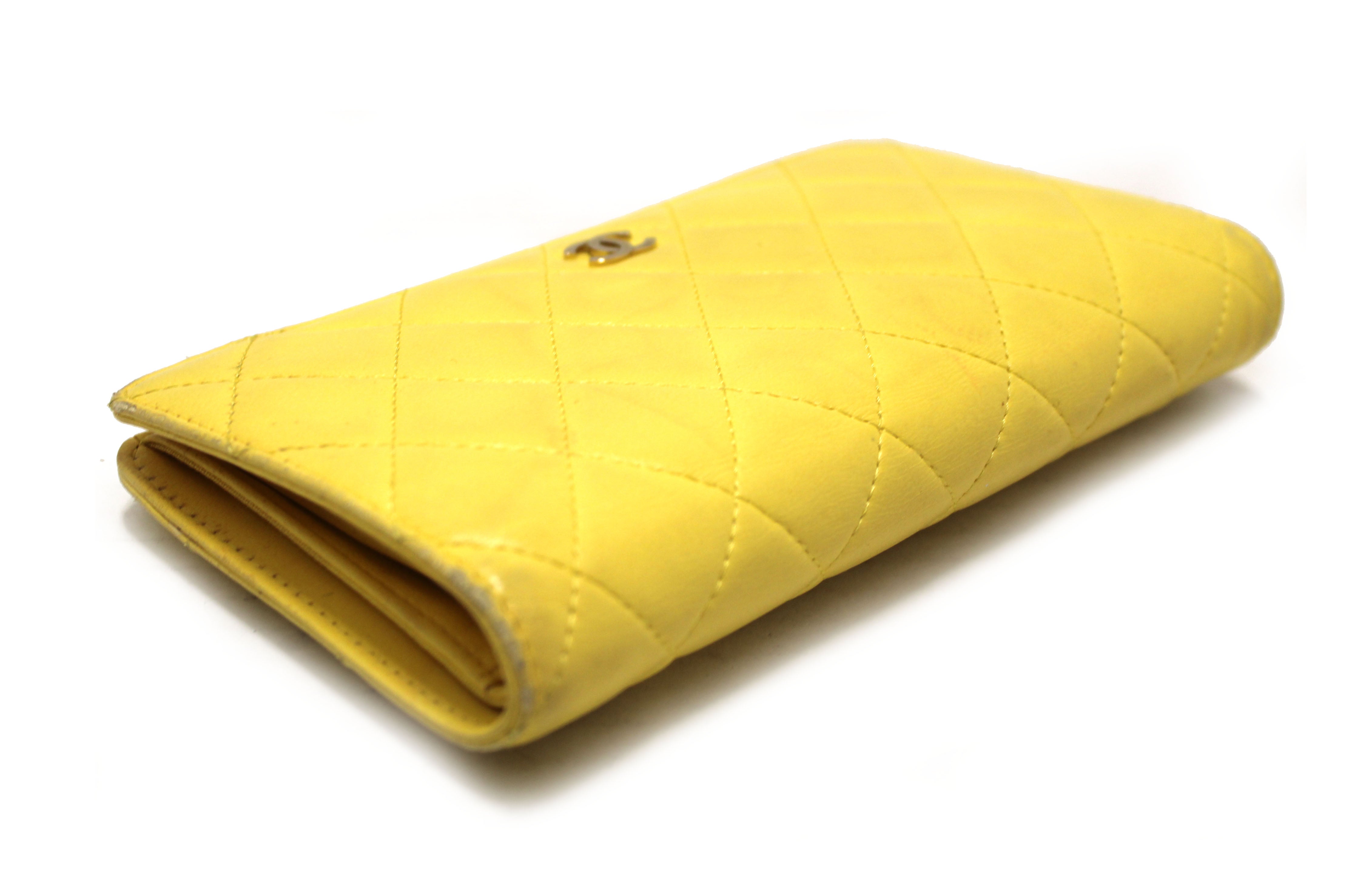 Authentic Chanel Yellow Quilted Lambskin Leather Wallet