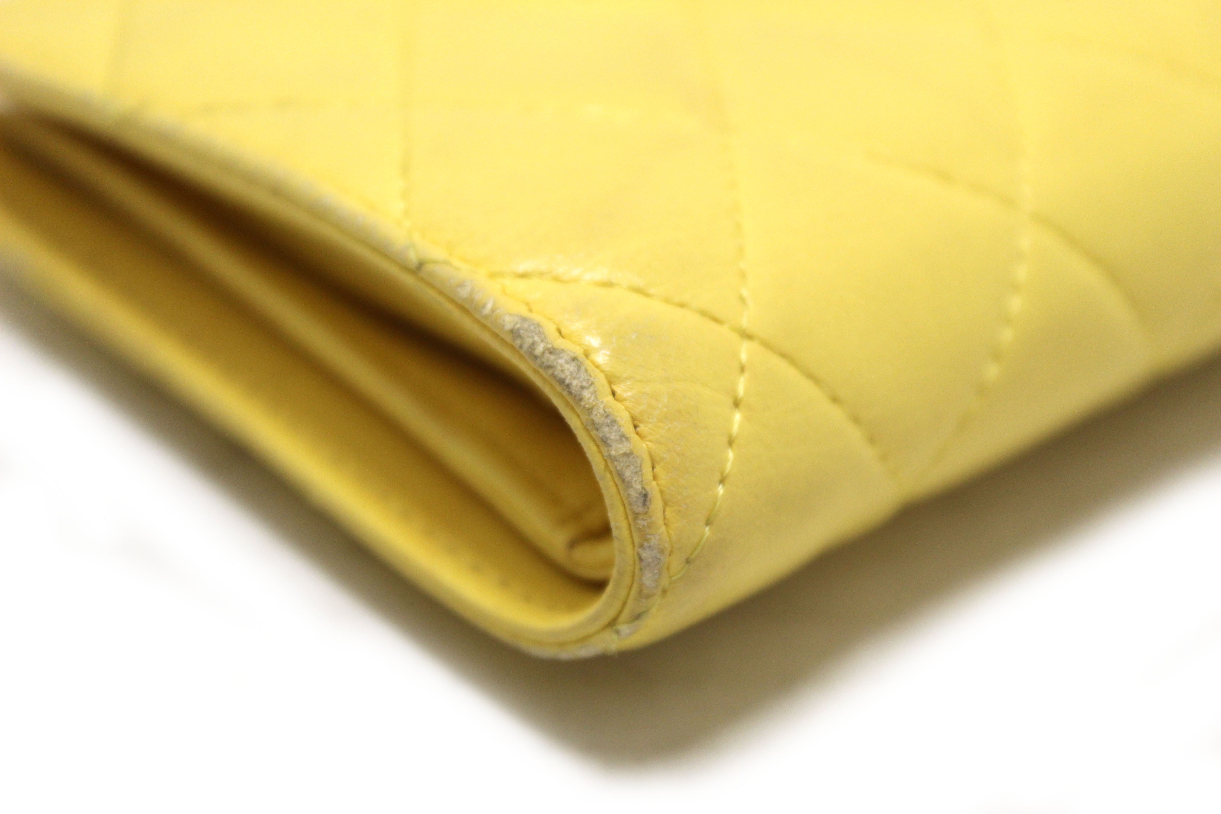 Authentic Chanel Yellow Quilted Lambskin Leather Wallet