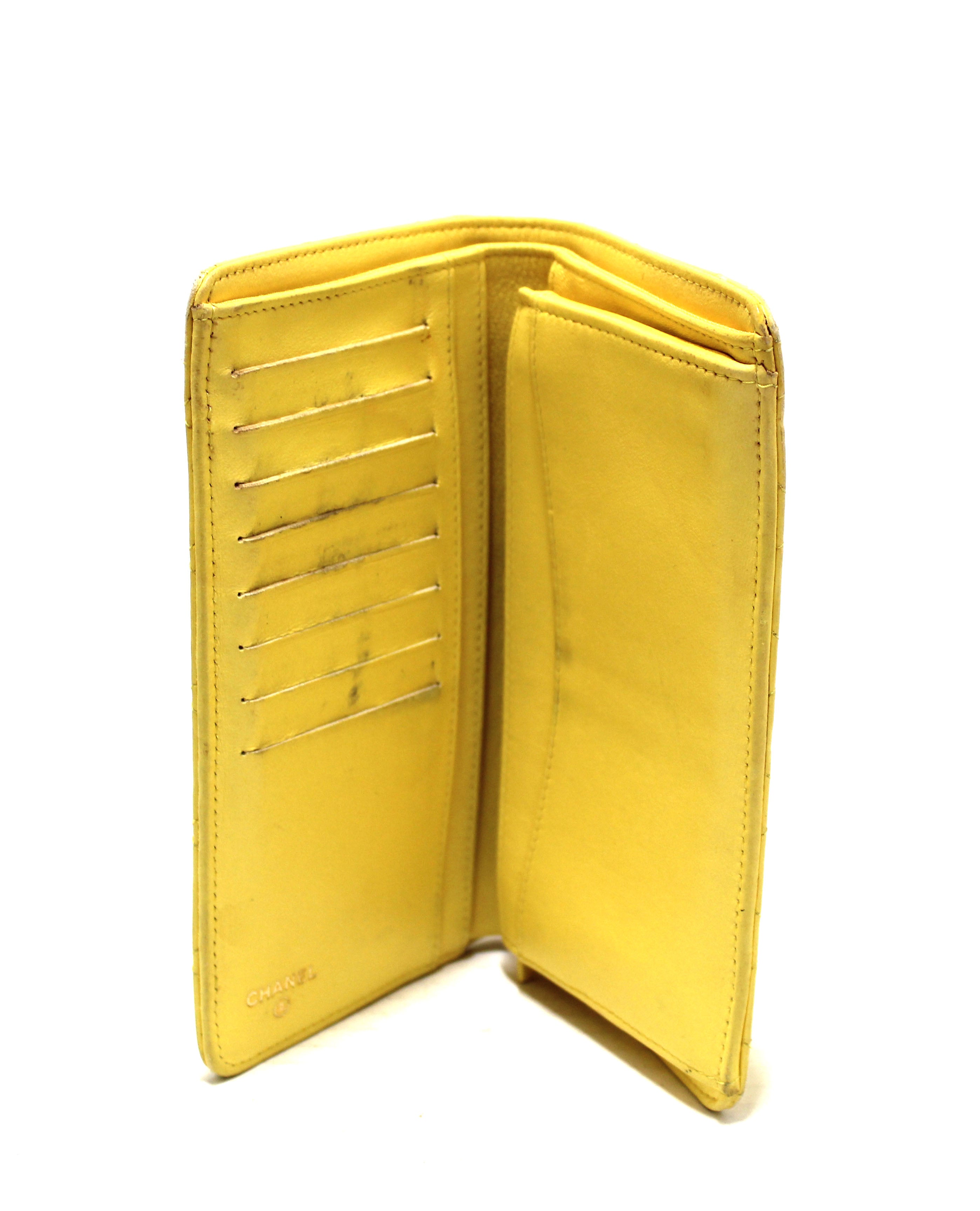 Authentic Chanel Yellow Quilted Lambskin Leather Wallet