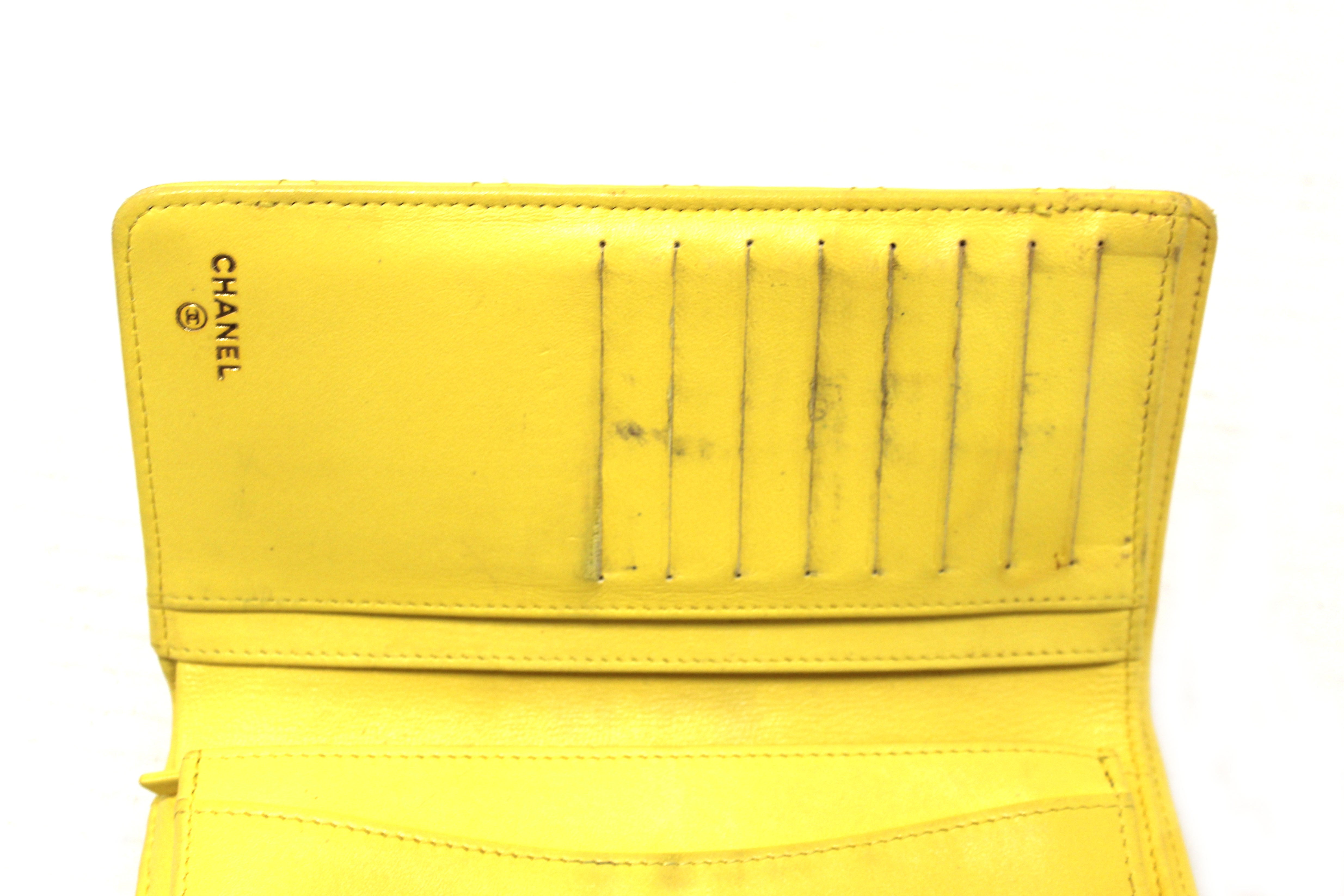 Authentic Chanel Yellow Quilted Lambskin Leather Wallet