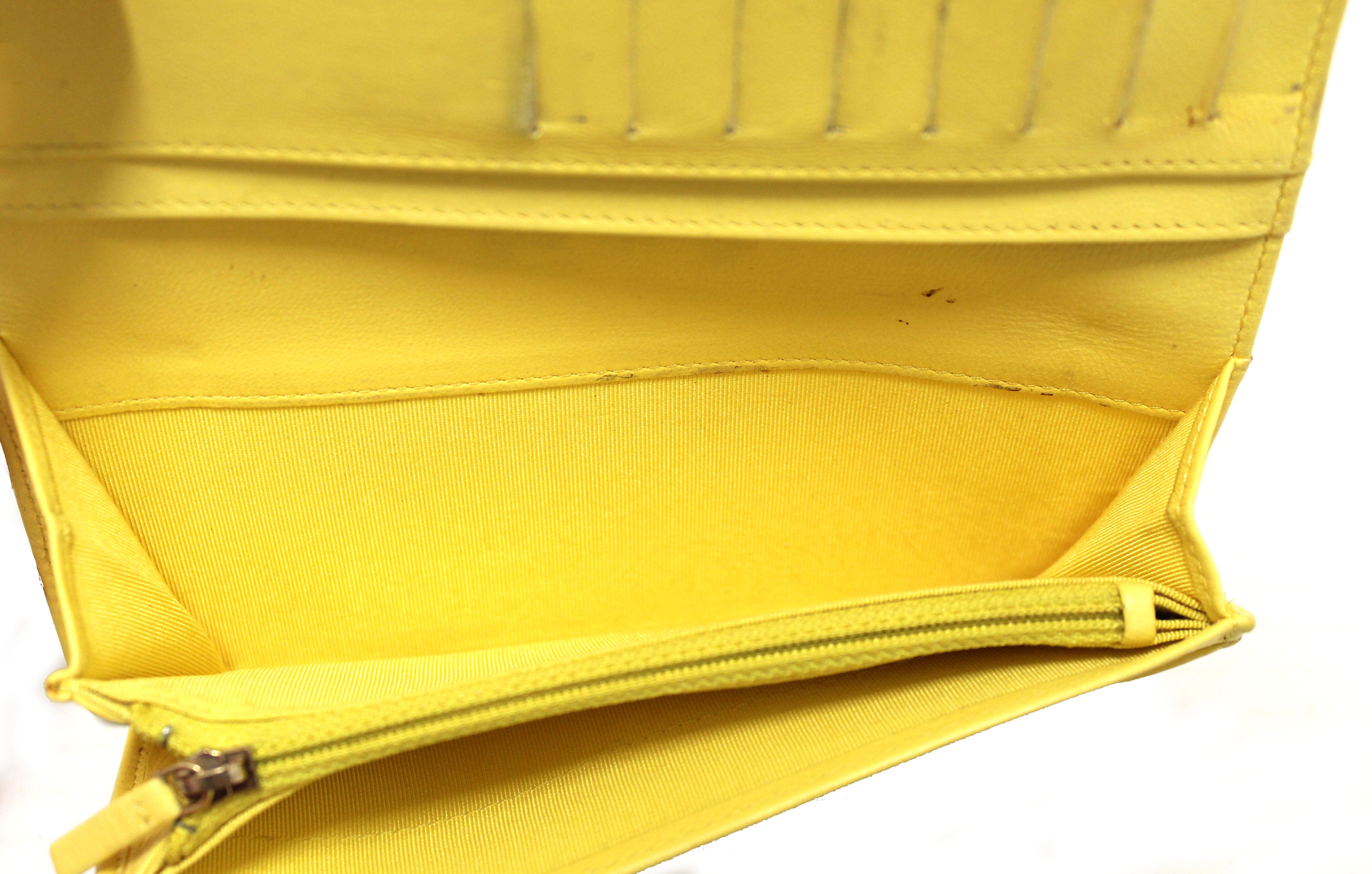 Authentic Chanel Yellow Quilted Lambskin Leather Wallet