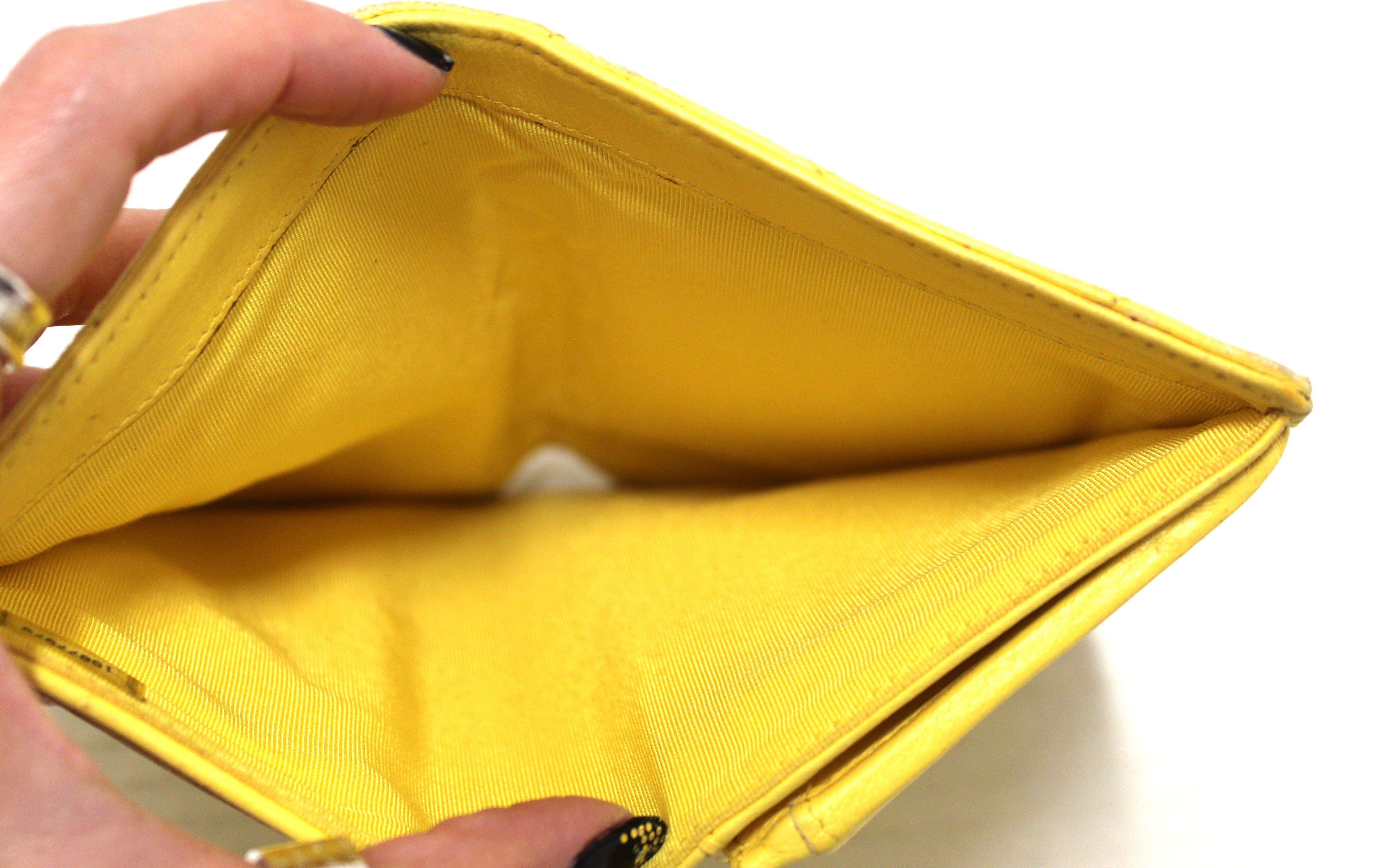 Authentic Chanel Yellow Quilted Lambskin Leather Wallet