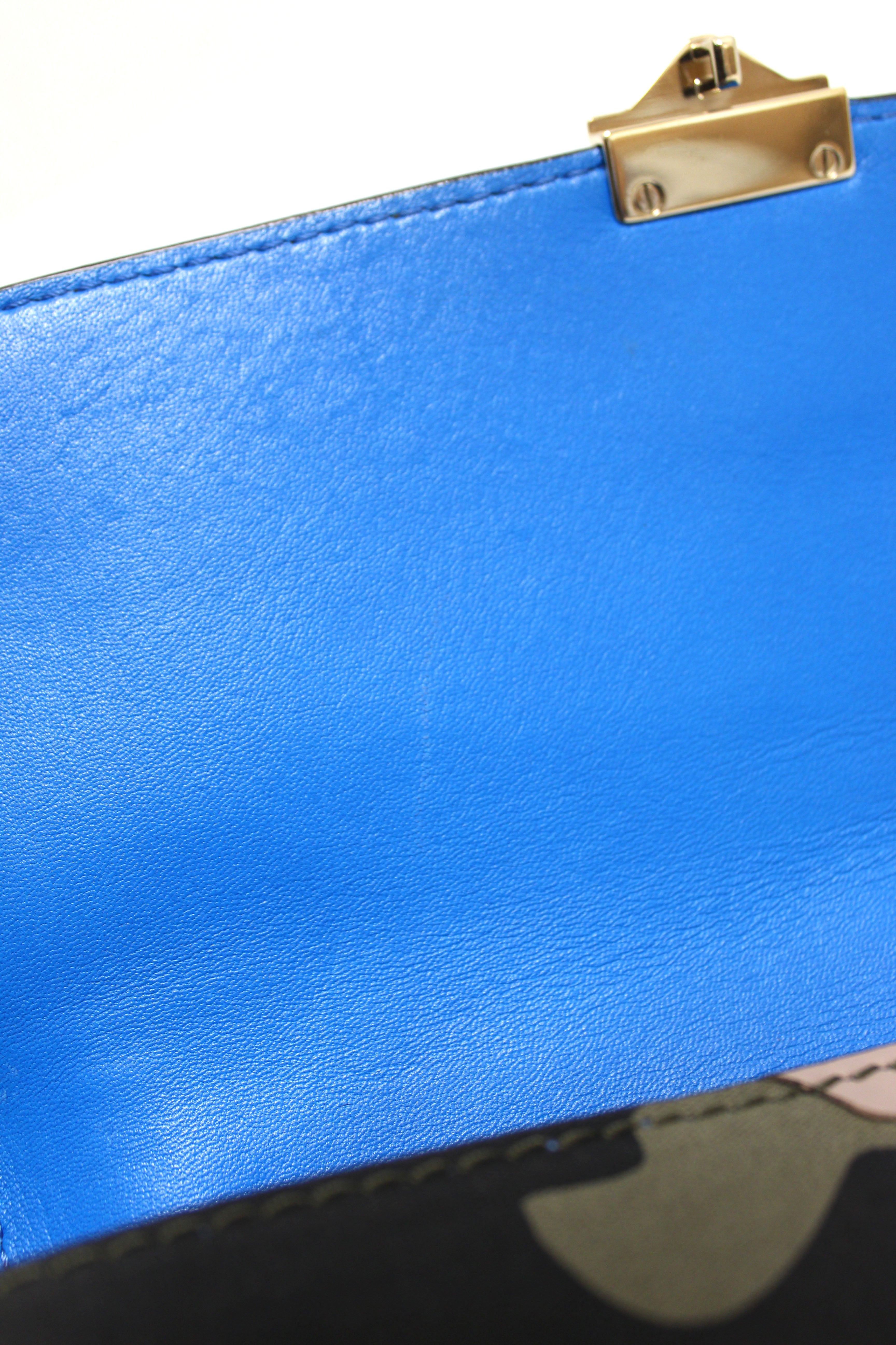 Authentic Valentino Garavani Blue Nappa Canvas Camouflage Medium Glam Lock Rockstud Flap
