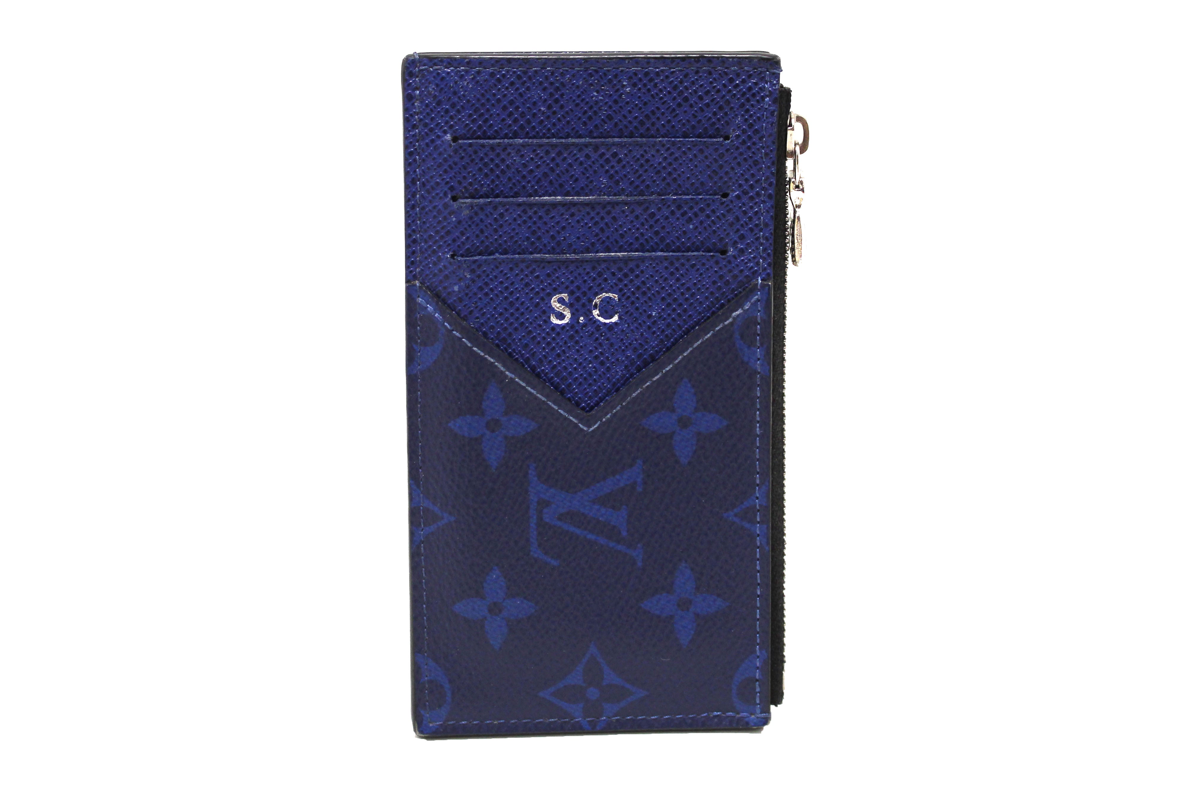 Authentic Louis Vuitton Blue Monogram Canvas/Taiga Leather Coin Card Holder
